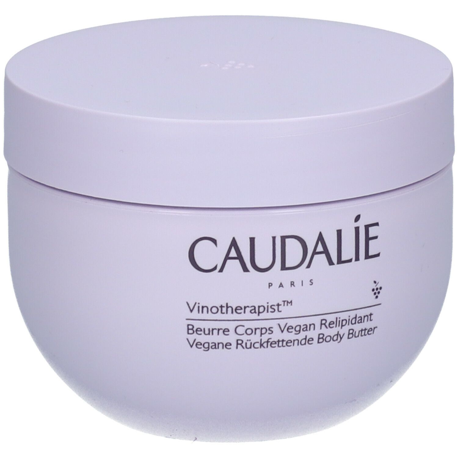 Vaso bianco con coperchio. Scritta: CAUDALIE PARIS, Vinotherapist, Beurre Corps Vegan Relipidant.