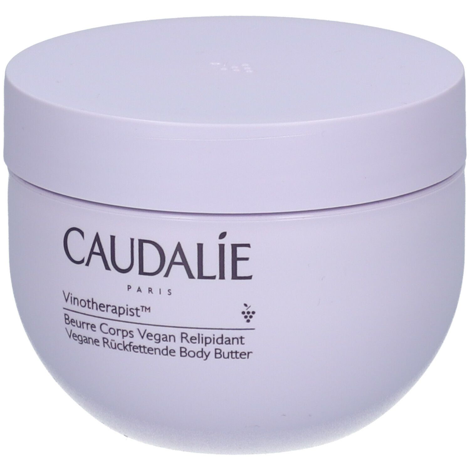 Vaso bianco con coperchio. Scritta: CAUDALIE PARIS, Vinotherapist, Beurre Corps Vegan Relipidant.