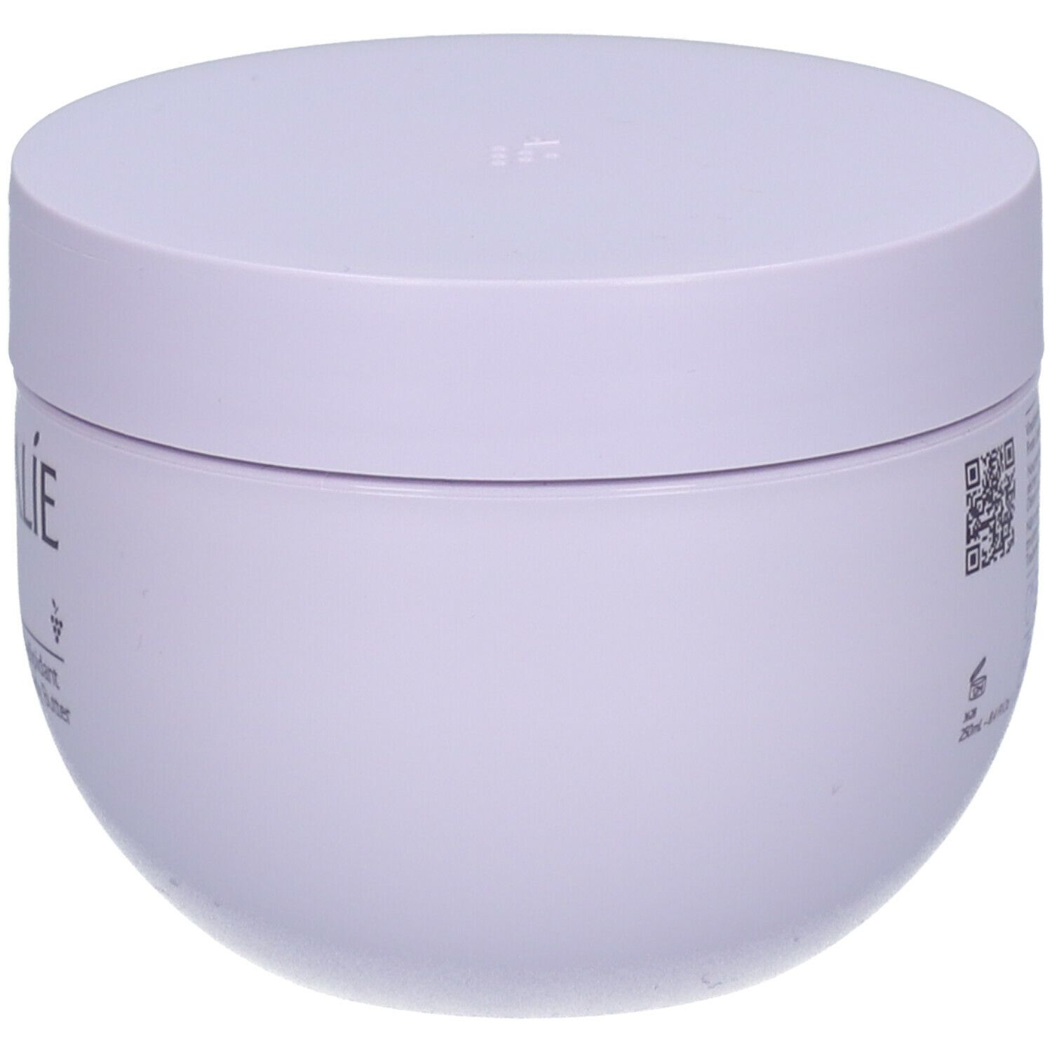 Vaso bianco con coperchio. Vista laterale con testo e codice QR.