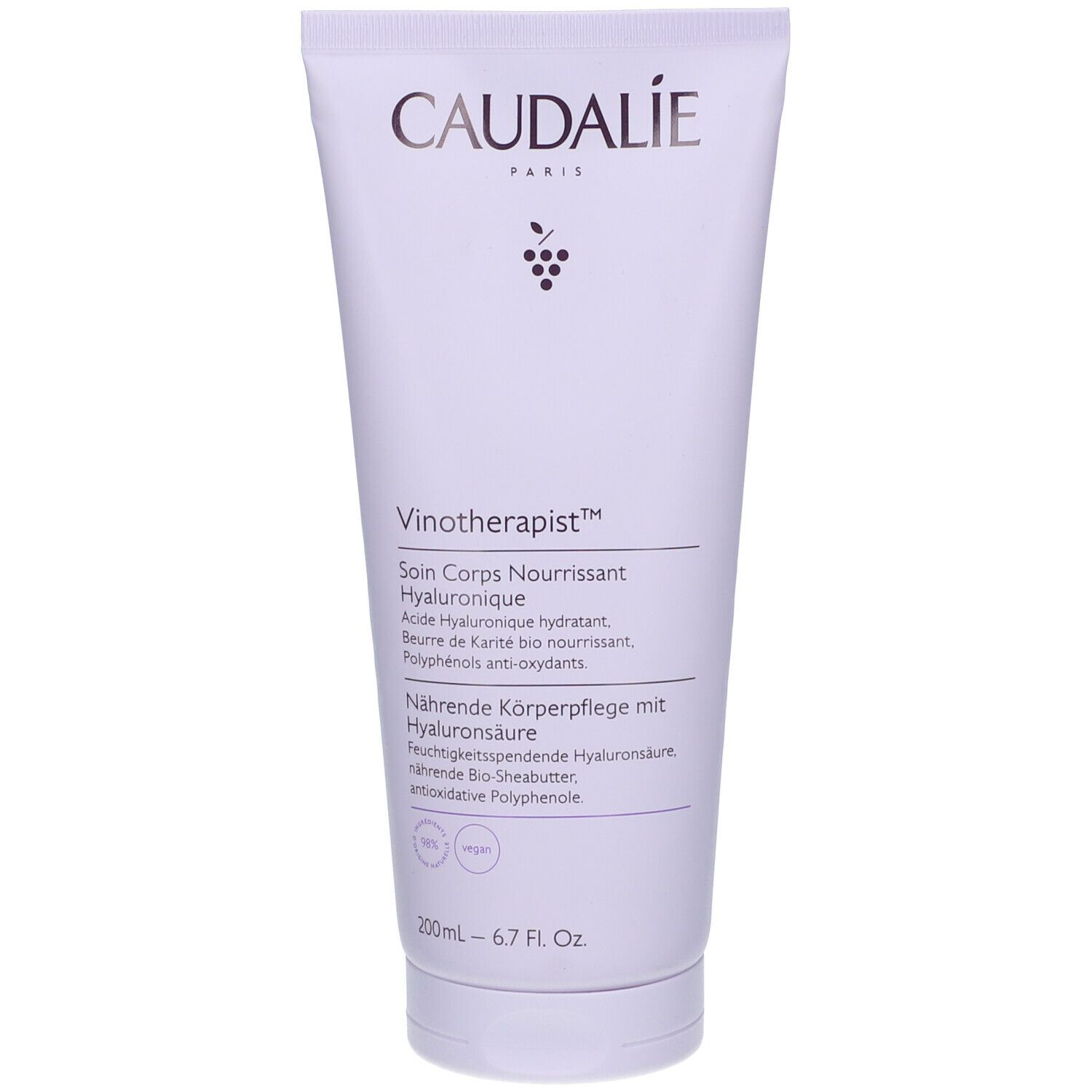 Tubo bianco Caudalie con scritte in tedesco e inglese. Logo vegan. Contenuto: 200ml.