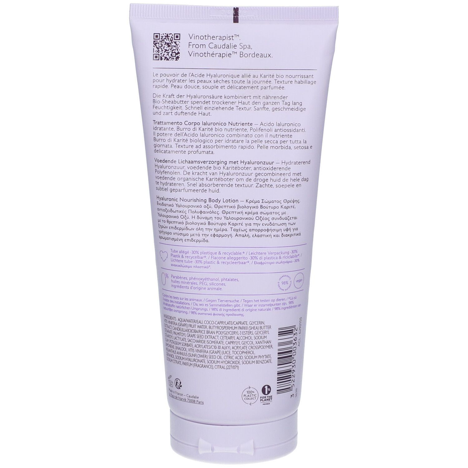 Retro di un tubo bianco con testo multilingue. Codice QR e loghi.