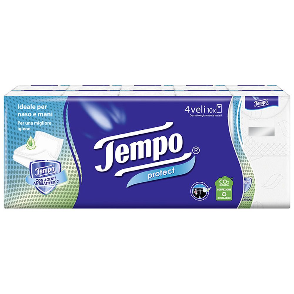 Confezione di fazzoletti Tempo Protect. Confezione blu con motivo fazzoletto bianco. Testo: 4 veli, 10x. Con certificazione CO2.