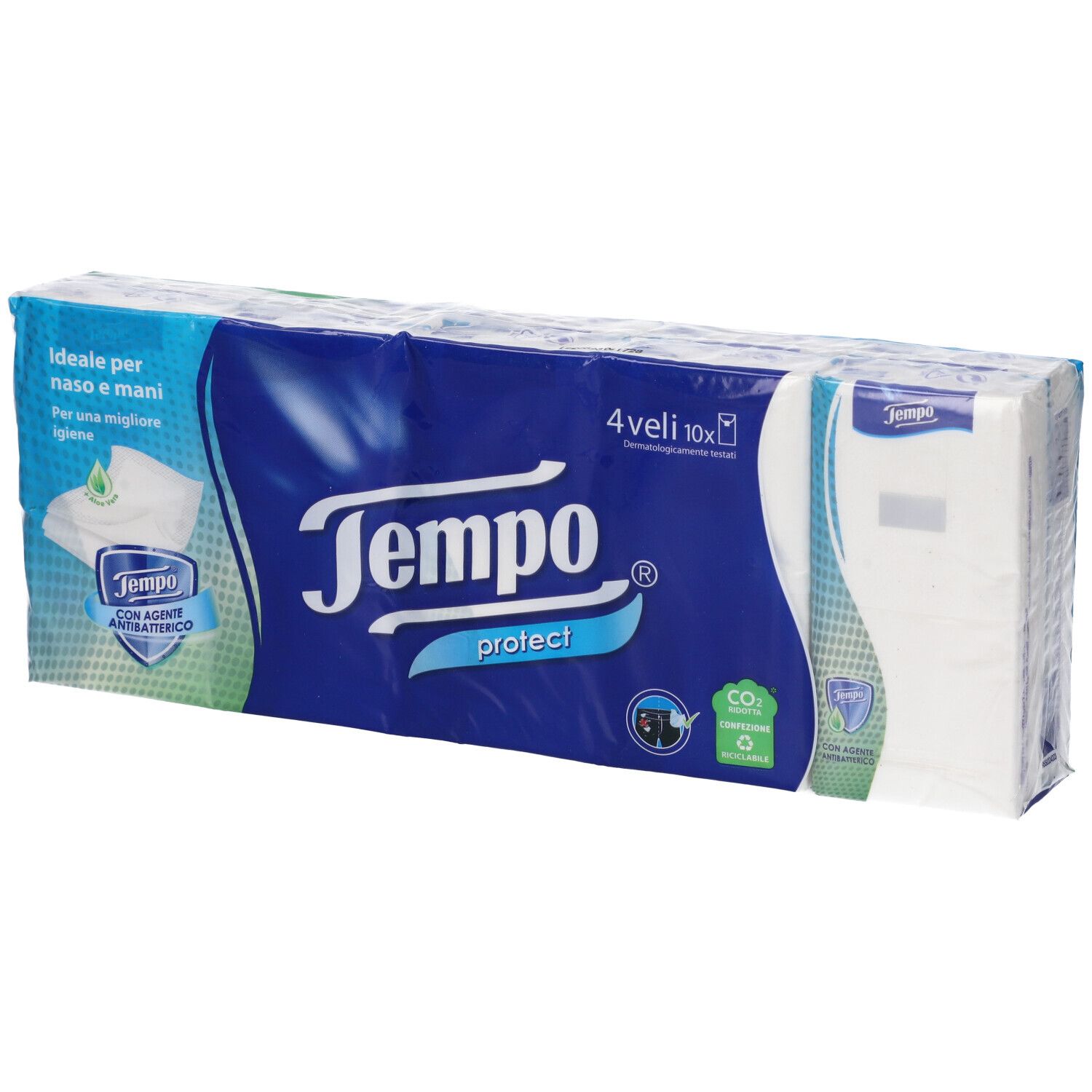 Confezione di fazzoletti Tempo Protect. Confezione blu con motivo fazzoletto bianco. Testo: 4 veli, 10x. Con certificazione CO2.