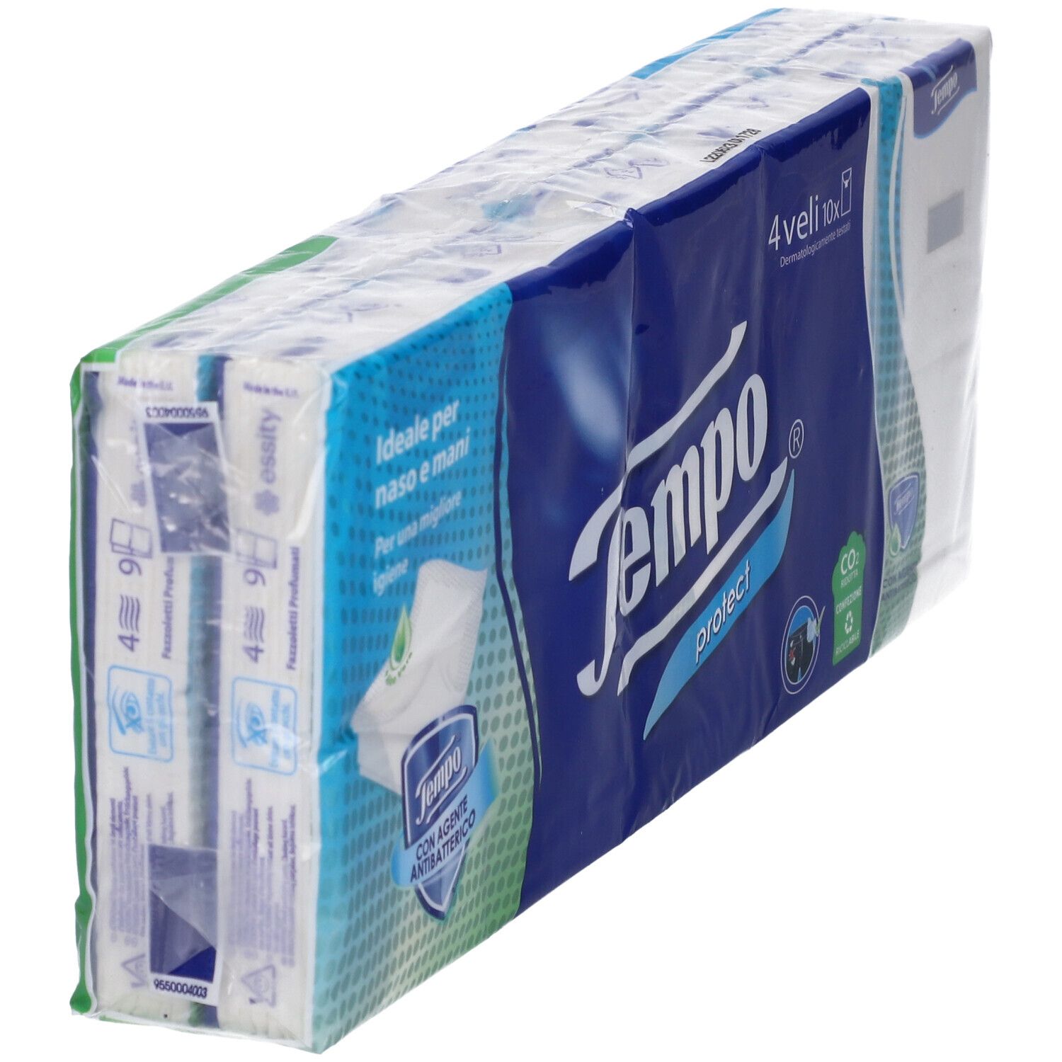 Confezione di fazzoletti Tempo Protect. Confezione blu con motivo fazzoletto bianco. Testo: 4 veli, 10x. Con certificazione CO2.