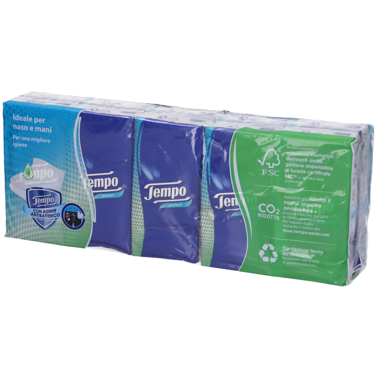 Confezione di fazzoletti Tempo Protect. Confezione blu con motivo fazzoletto bianco. Testo: 4 veli, 10x. Con certificazione CO2.