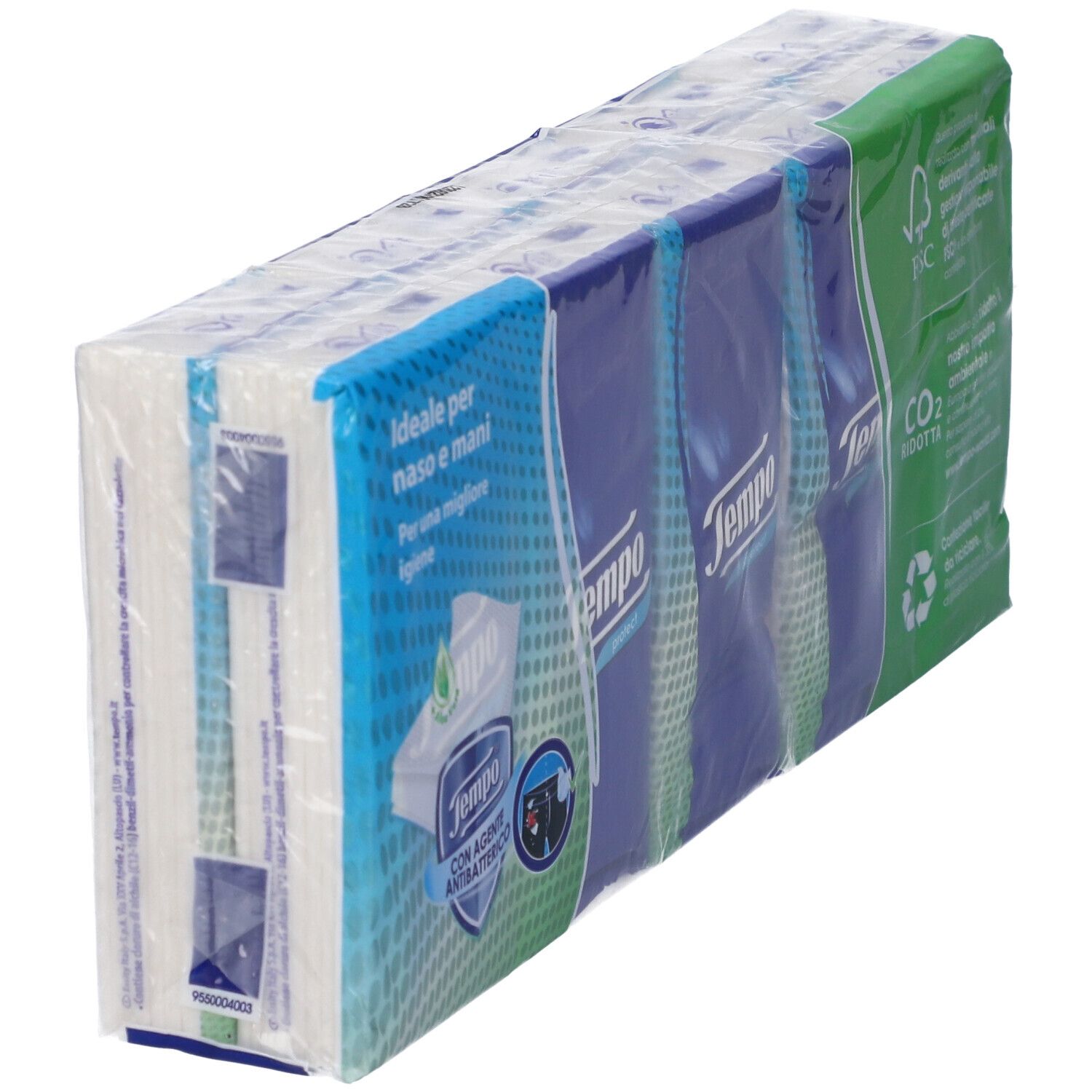 Confezione di fazzoletti Tempo Protect. Confezione blu con motivo fazzoletto bianco. Testo: 4 veli, 10x. Con certificazione CO2.