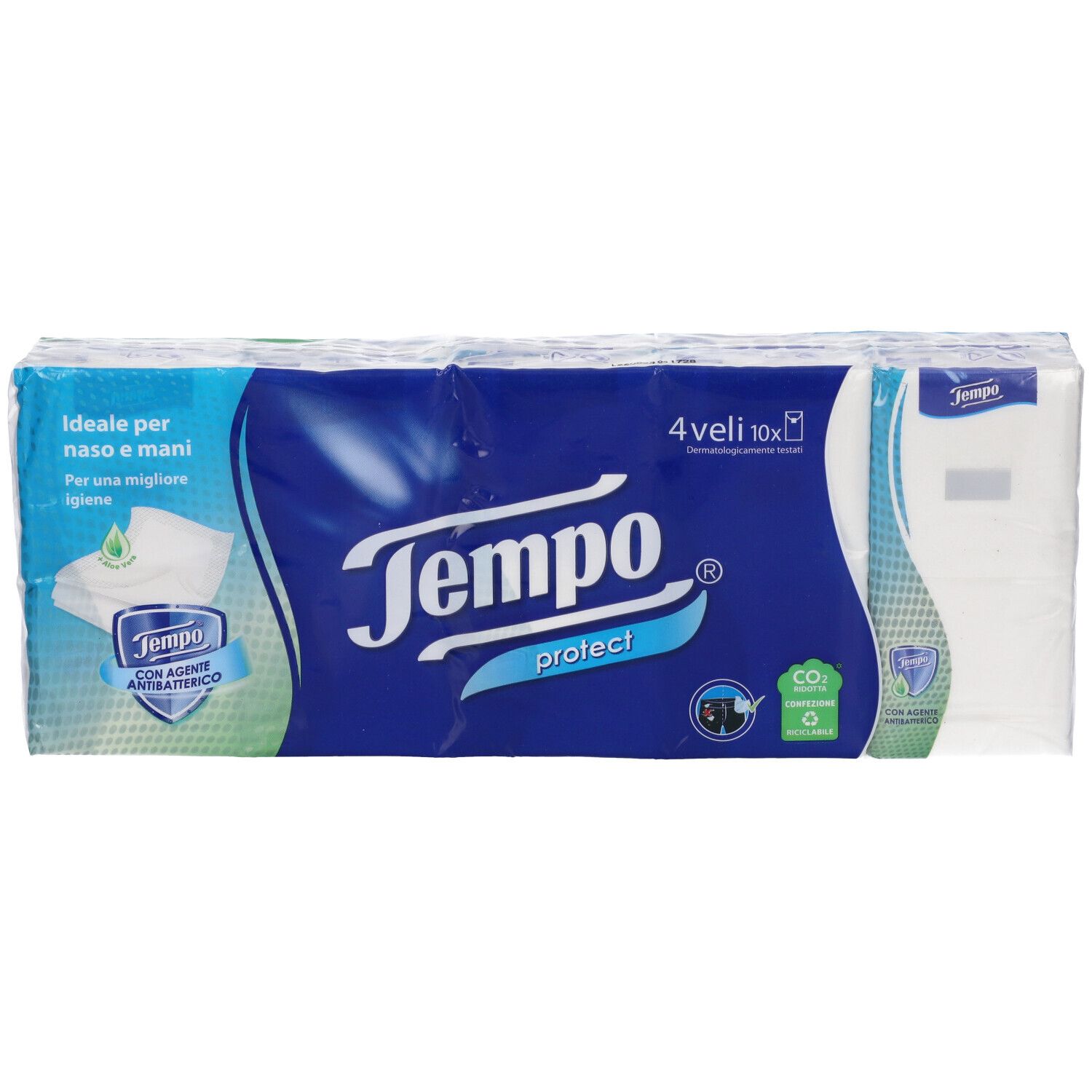 Confezione di fazzoletti Tempo Protect. Confezione blu con motivo fazzoletto bianco. Testo: 4 veli, 10x. Con certificazione CO2.