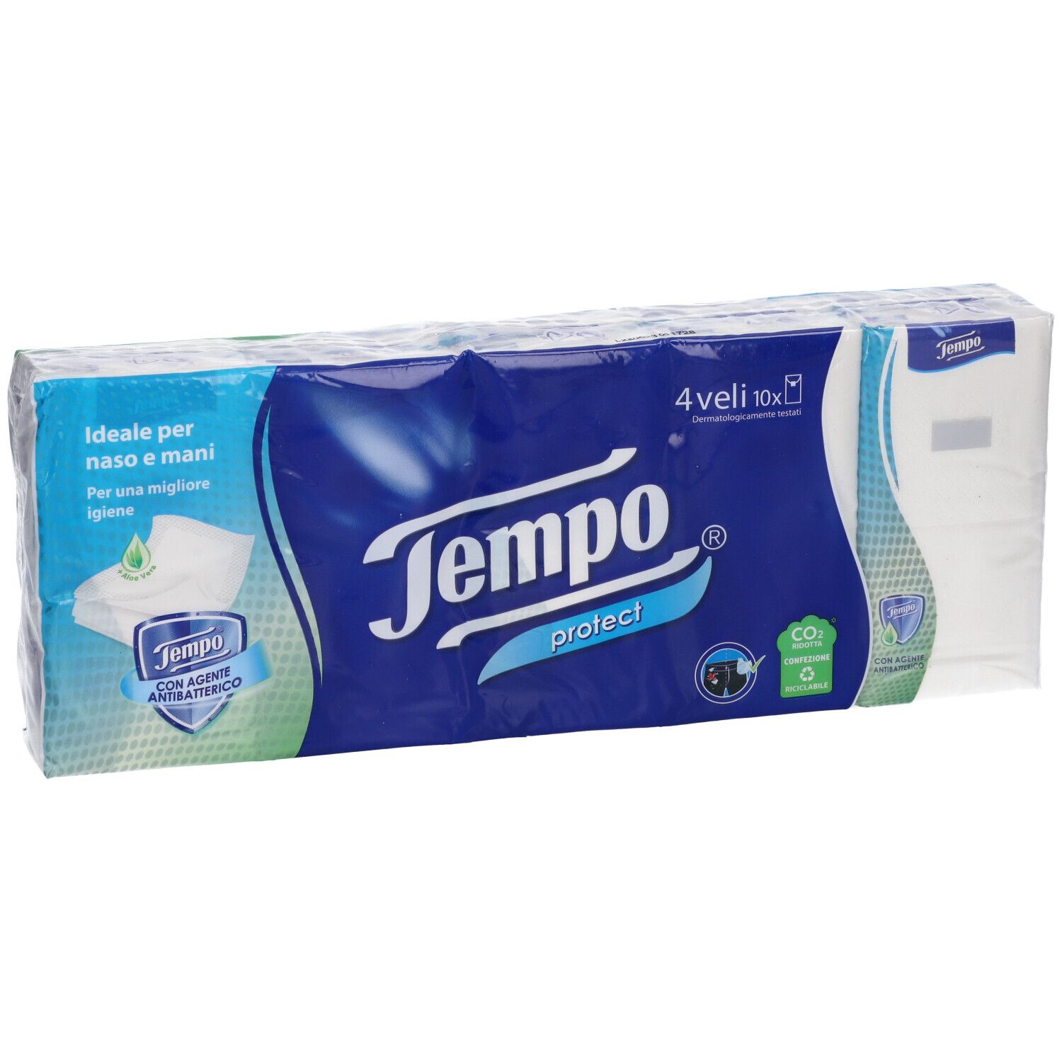 Confezione di fazzoletti Tempo Protect. Confezione blu con motivo fazzoletto bianco. Testo: 4 veli, 10x. Con certificazione CO2.