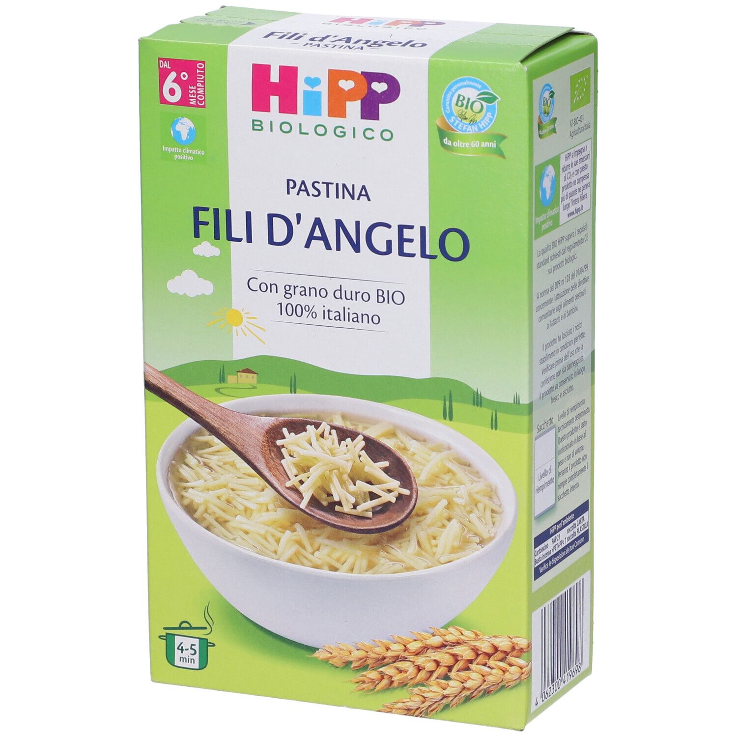 Confezione di Hipp Bio Pastina Filli D'Angelo. Scatola verde con immagine e testo. Sigillo bio.