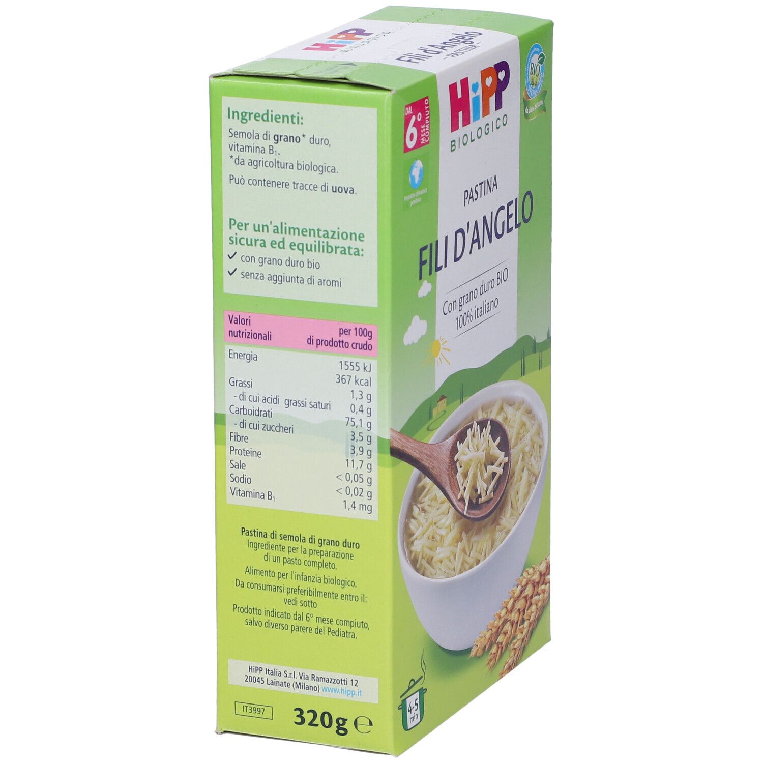 Retro della confezione Hipp Bio Pastina Filli D'Angelo. Contiene informazioni nutrizionali e lista ingredienti. 320g.