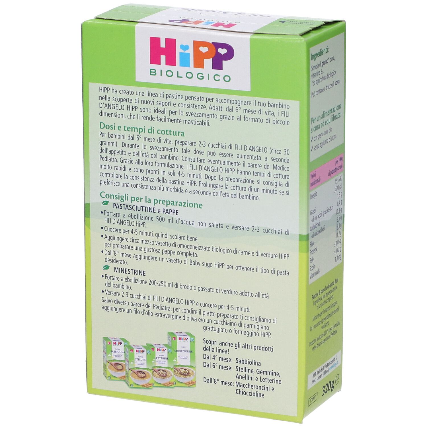 Retro della confezione Hipp Bio Pastina Filli D'Angelo. Consigli di cottura e altre informazioni. 320g.