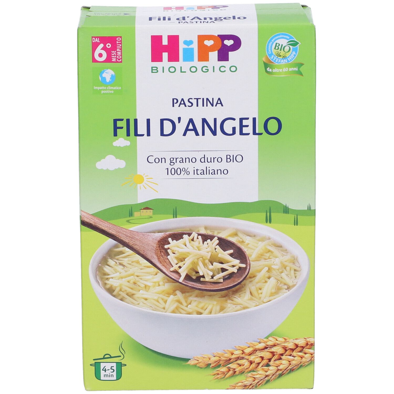Fronte della confezione Hipp Bio Pastina Filli D'Angelo. Scatola verde con immagine e testo. Sigillo bio.