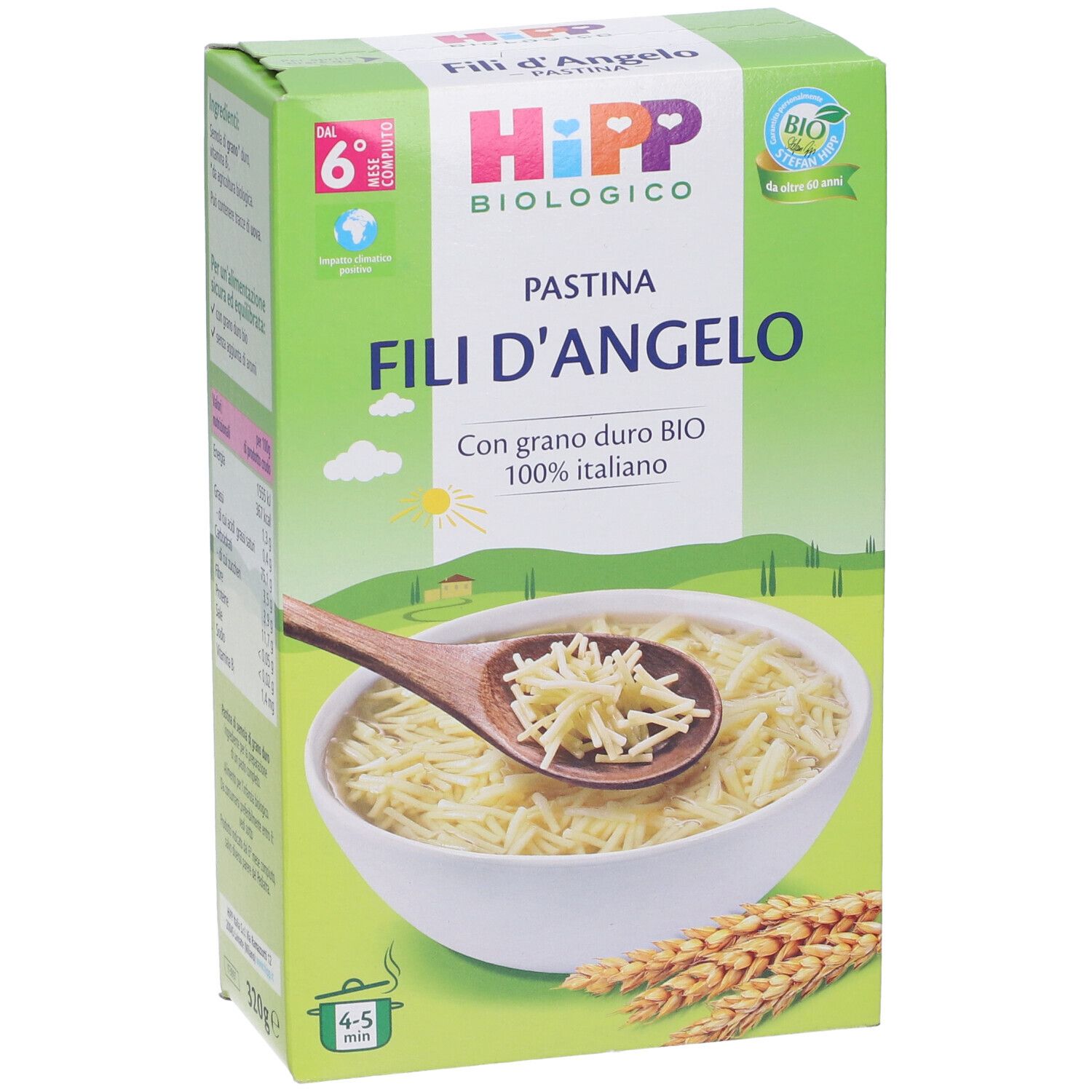 Fronte della confezione Hipp Bio Pastina Filli D'Angelo. Scatola verde con immagine e testo. Sigillo bio.
