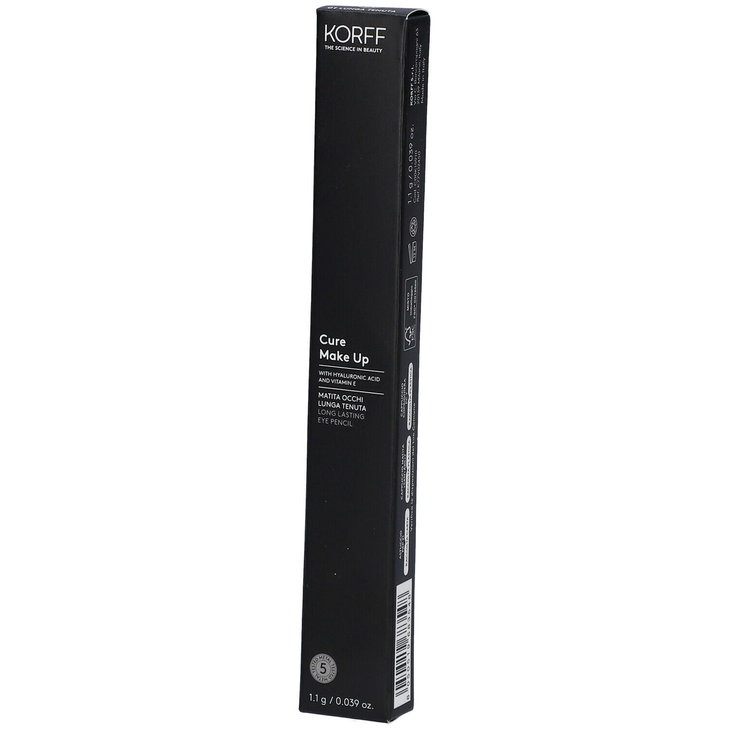 Confezione nera per matita occhi. Marchio KORFF. Scritta: Cure Make Up, con acido ialuronico e vitamina E. 1,1 g / 0,039 oz.