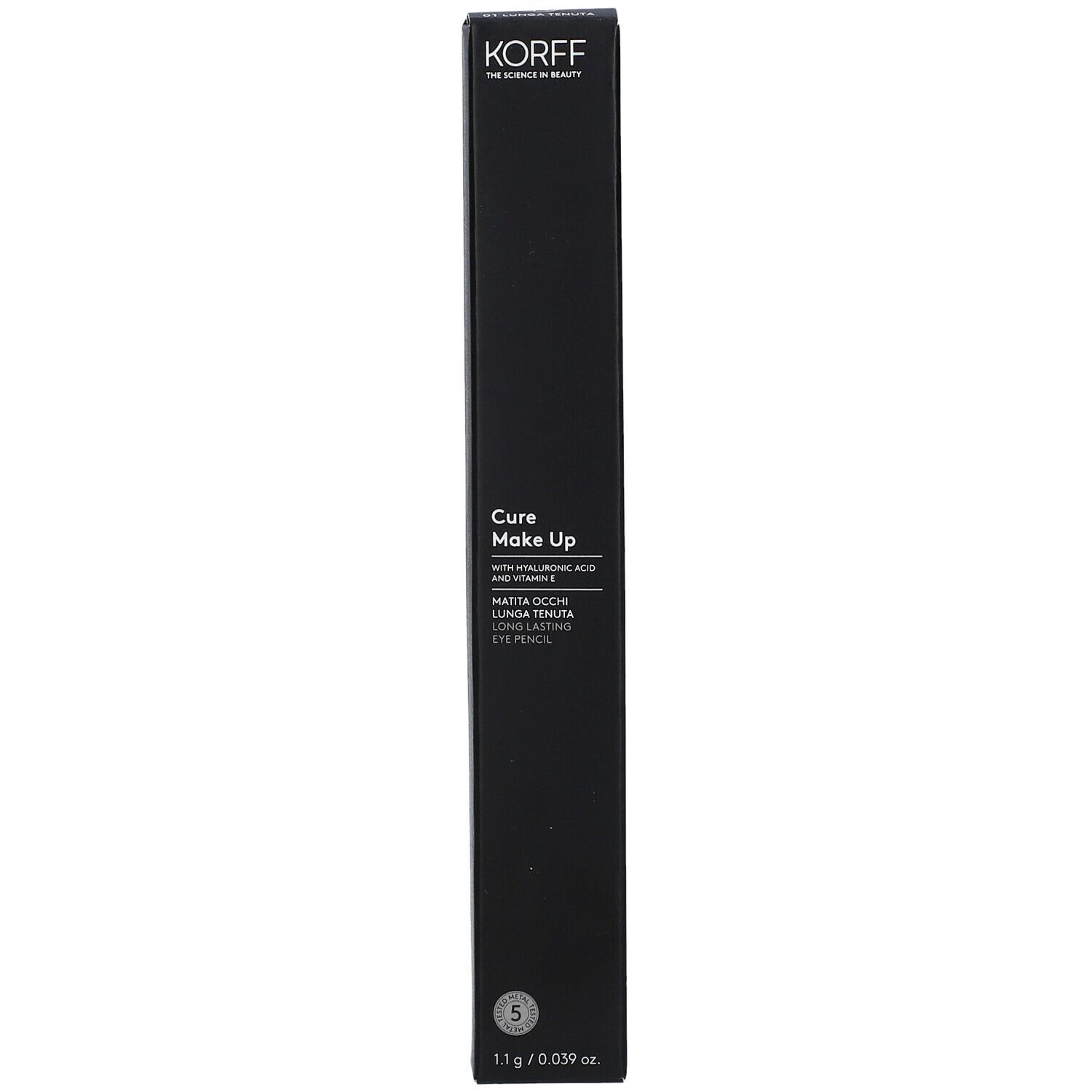 Confezione nera per matita occhi. Marchio KORFF. Scritta: Cure Make Up, con acido ialuronico e vitamina E. 1,1 g / 0,039 oz.