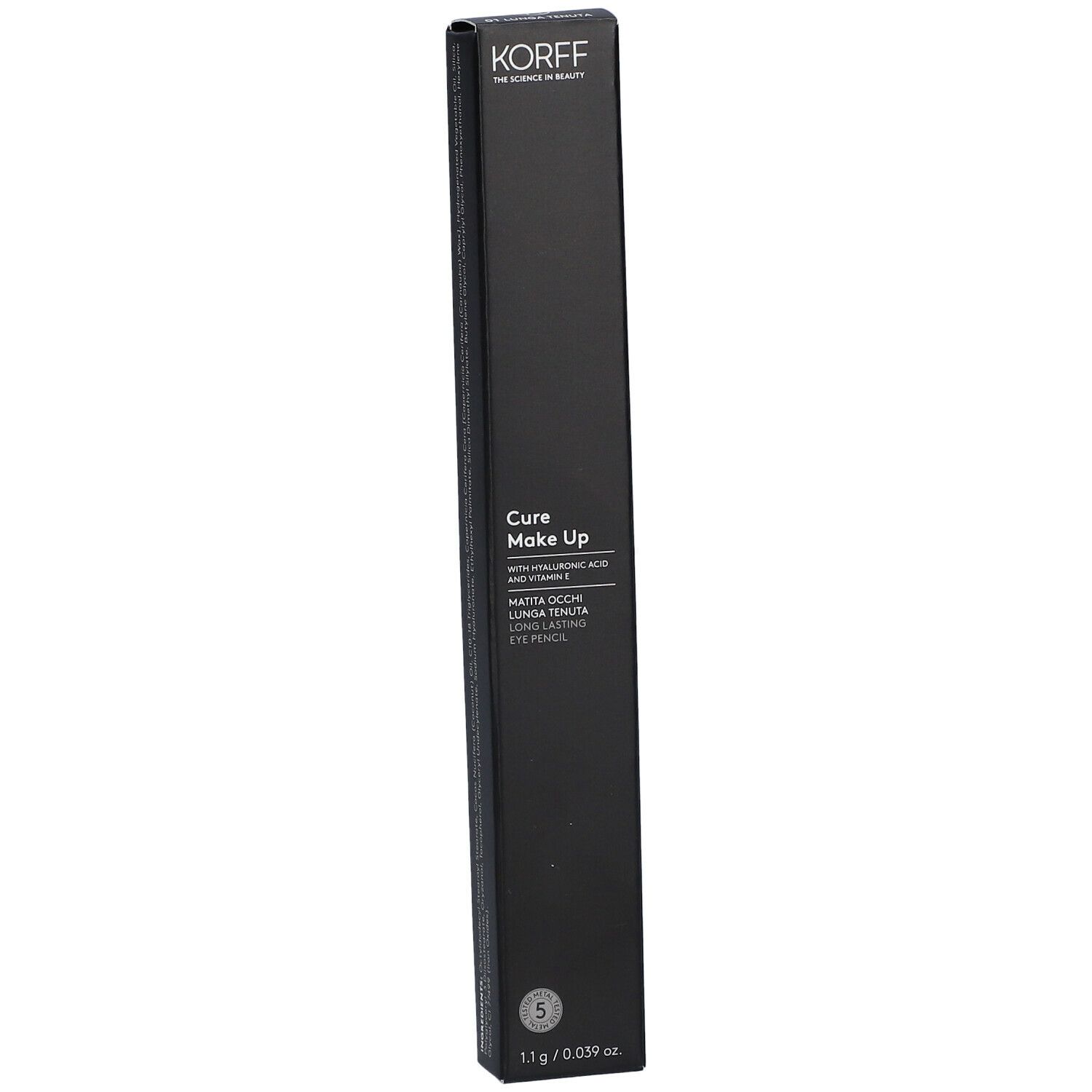 Confezione nera per matita occhi. Marchio KORFF. Scritta: Cure Make Up, con acido ialuronico e vitamina E. 1,1 g / 0,039 oz.