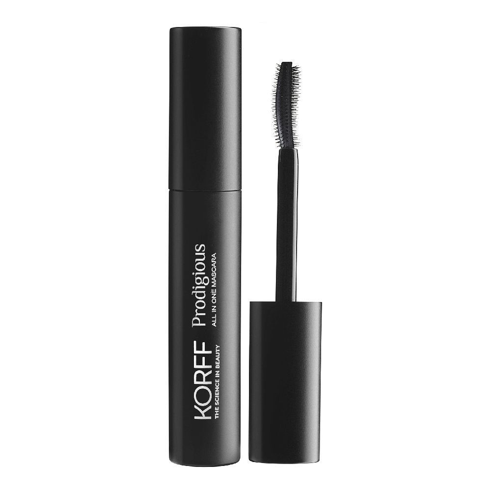 Tubo di mascara nero con spazzola. Scritta: KORFF Prodigious All in One Mascara.