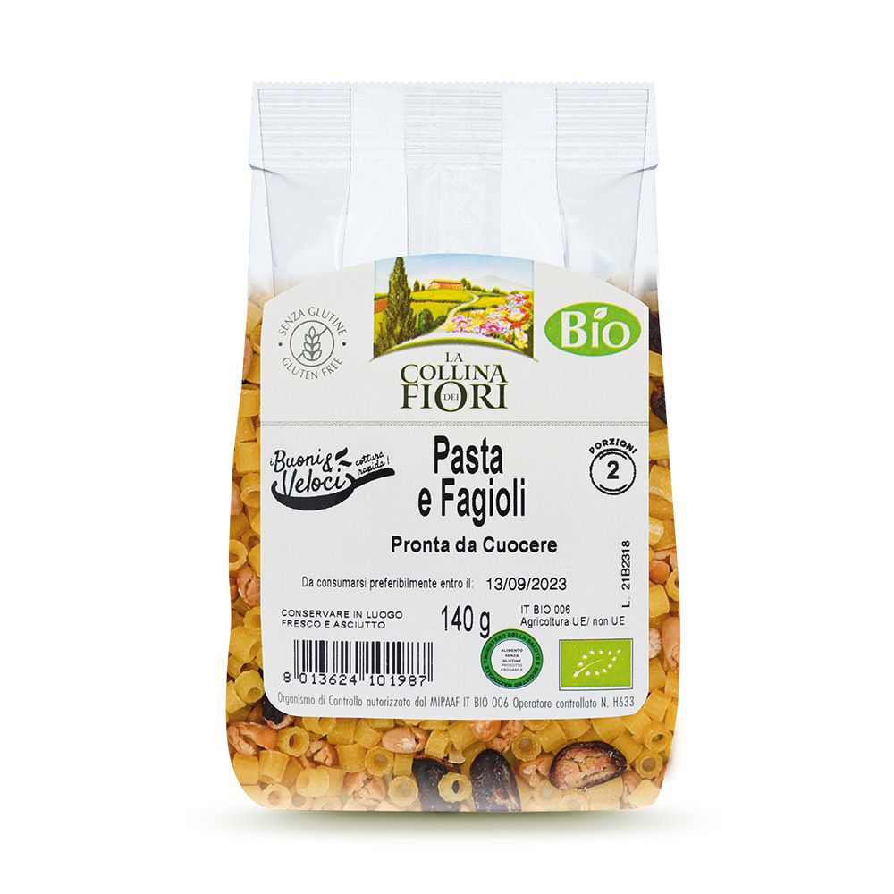 Confezione Pasta e Fagioli senza glutine. Logo La Collina dei Fiori, marchio Bio. 140g. "Pronta da Cuocere".