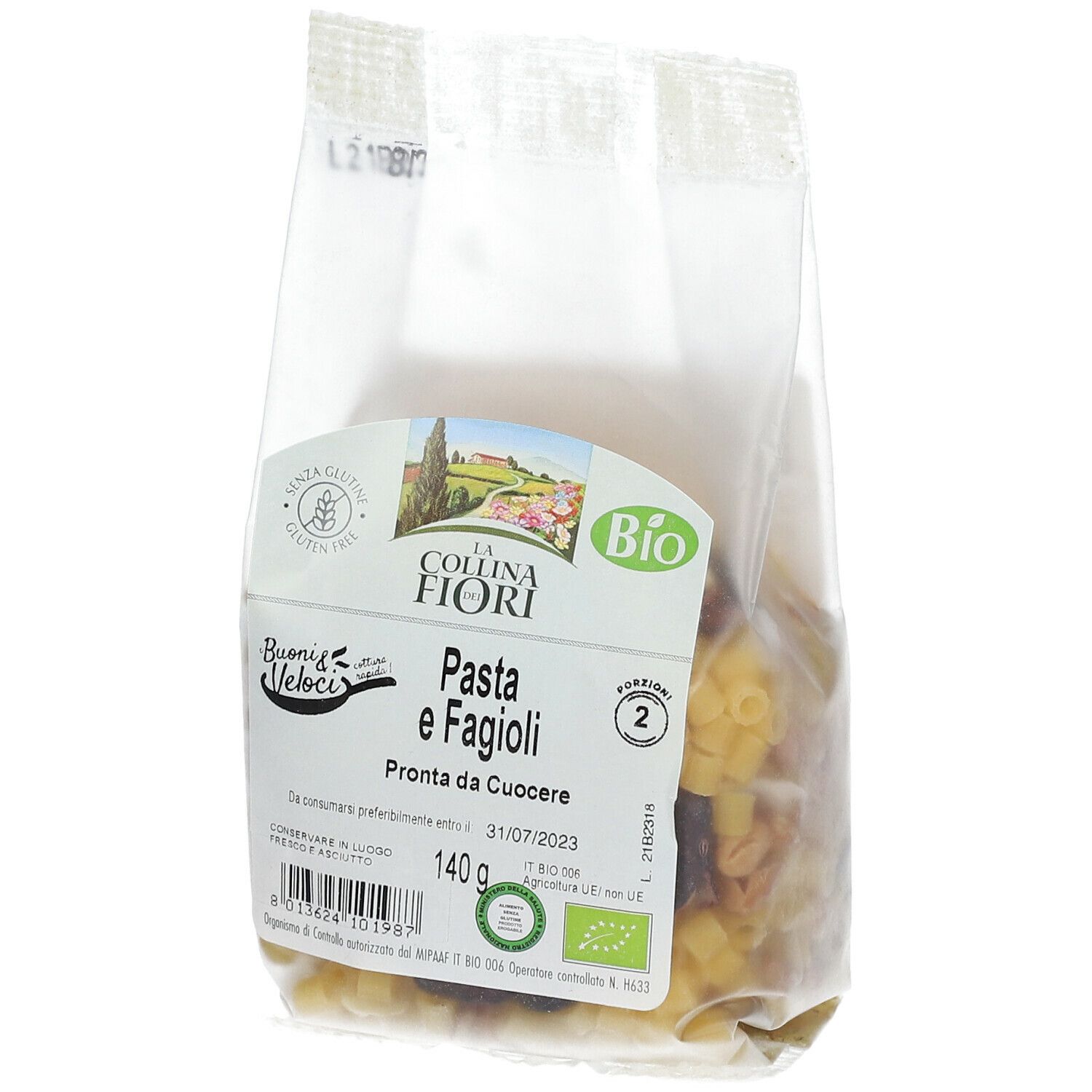 Confezione Pasta e Fagioli, in diagonale. Logo La Collina dei Fiori, marchio Bio. "Pronta da Cuocere". Senza glutine.