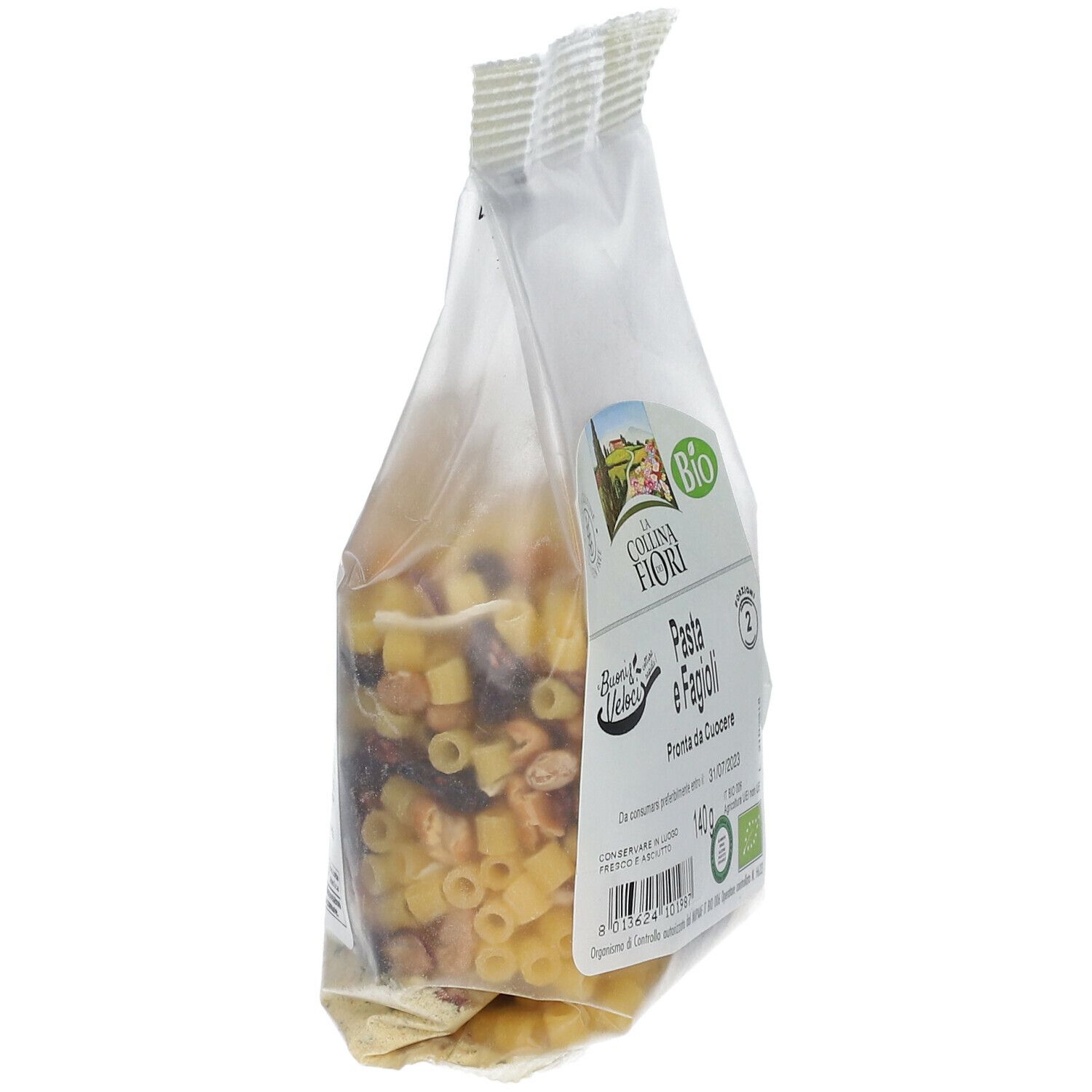 Confezione Pasta e Fagioli, vista laterale. Logo La Collina dei Fiori, marchio Bio. "Pronta da Cuocere".