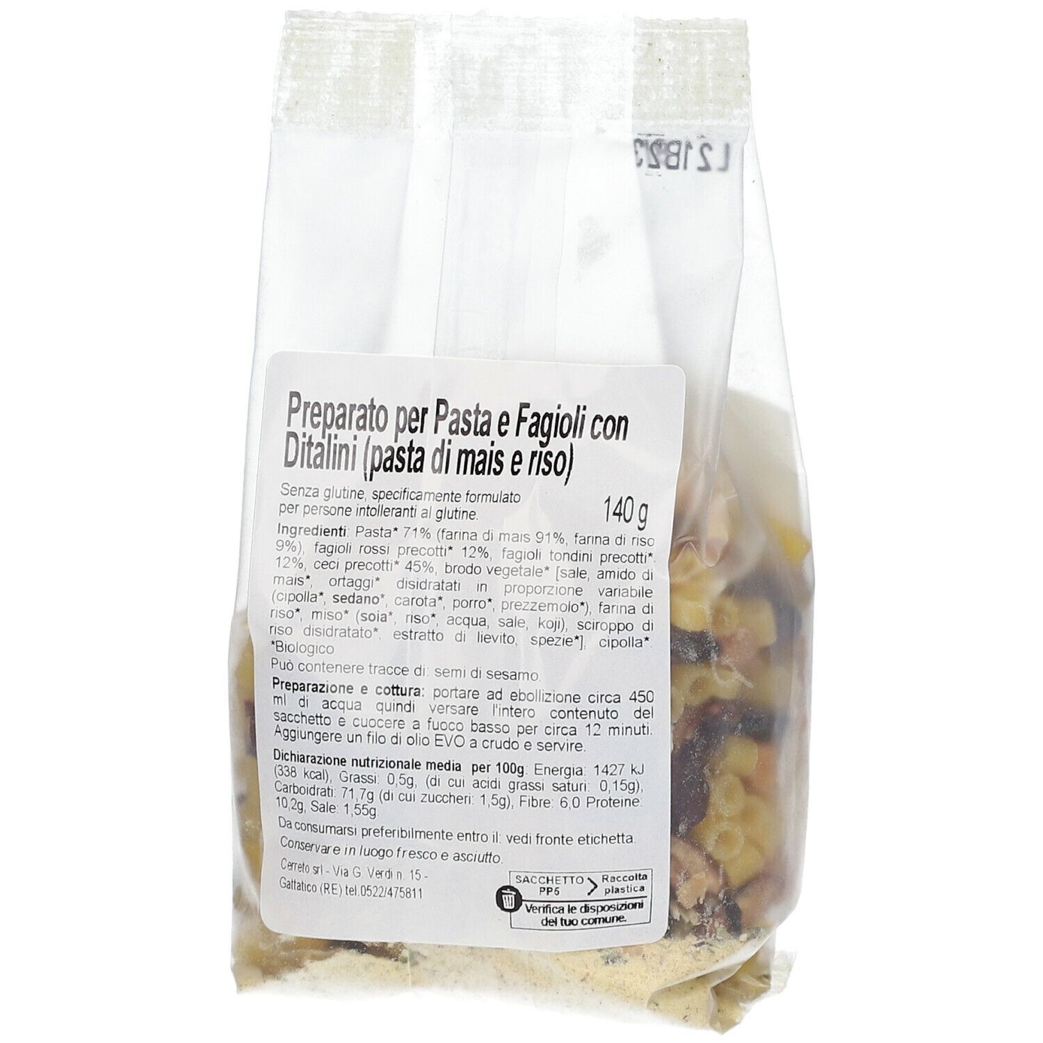 Retro della confezione Pasta e Fagioli. Lista ingredienti, informazioni nutrizionali. "Pronta da Cuocere".