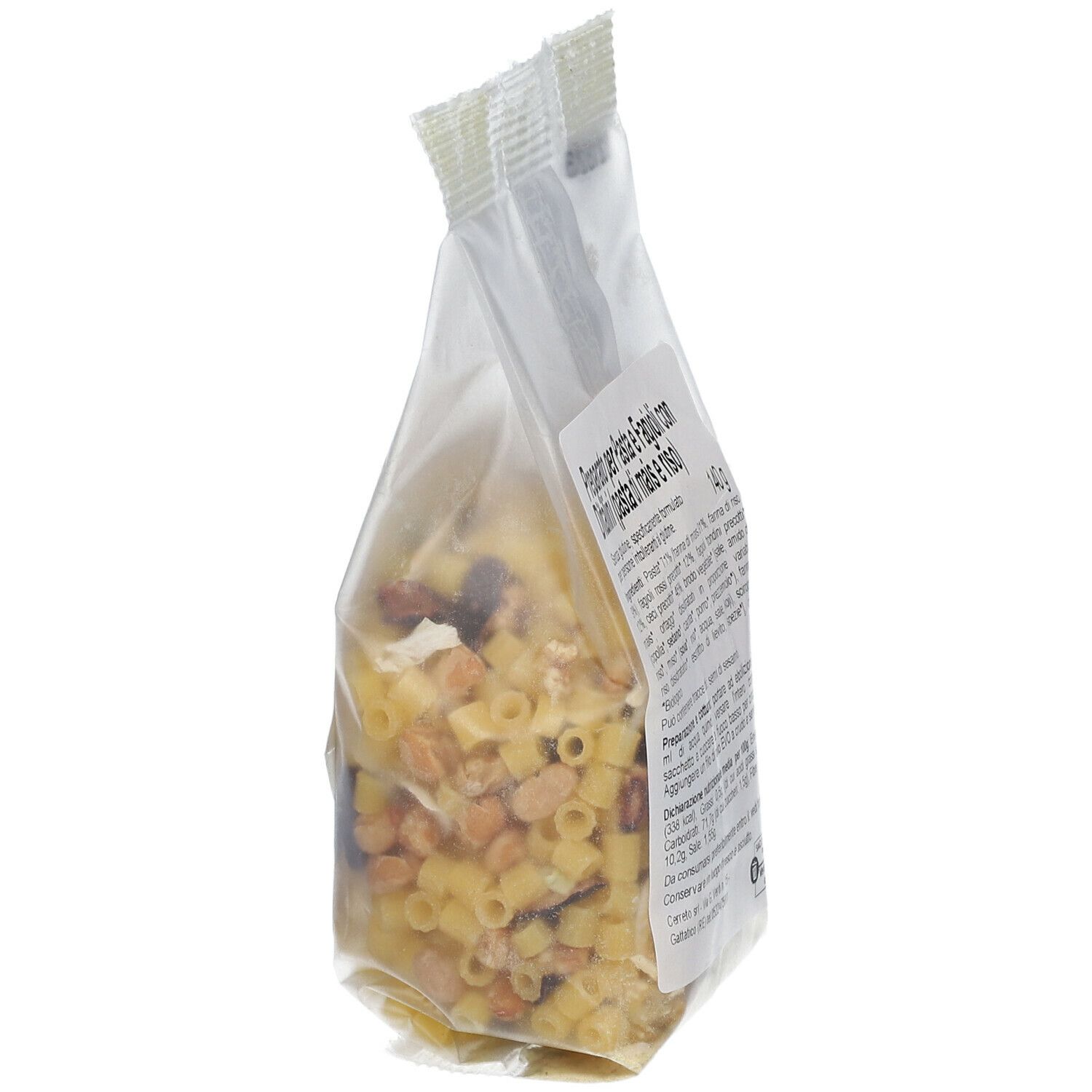 Confezione Pasta e Fagioli, vista laterale. Testo sul retro. "Pronta da Cuocere".