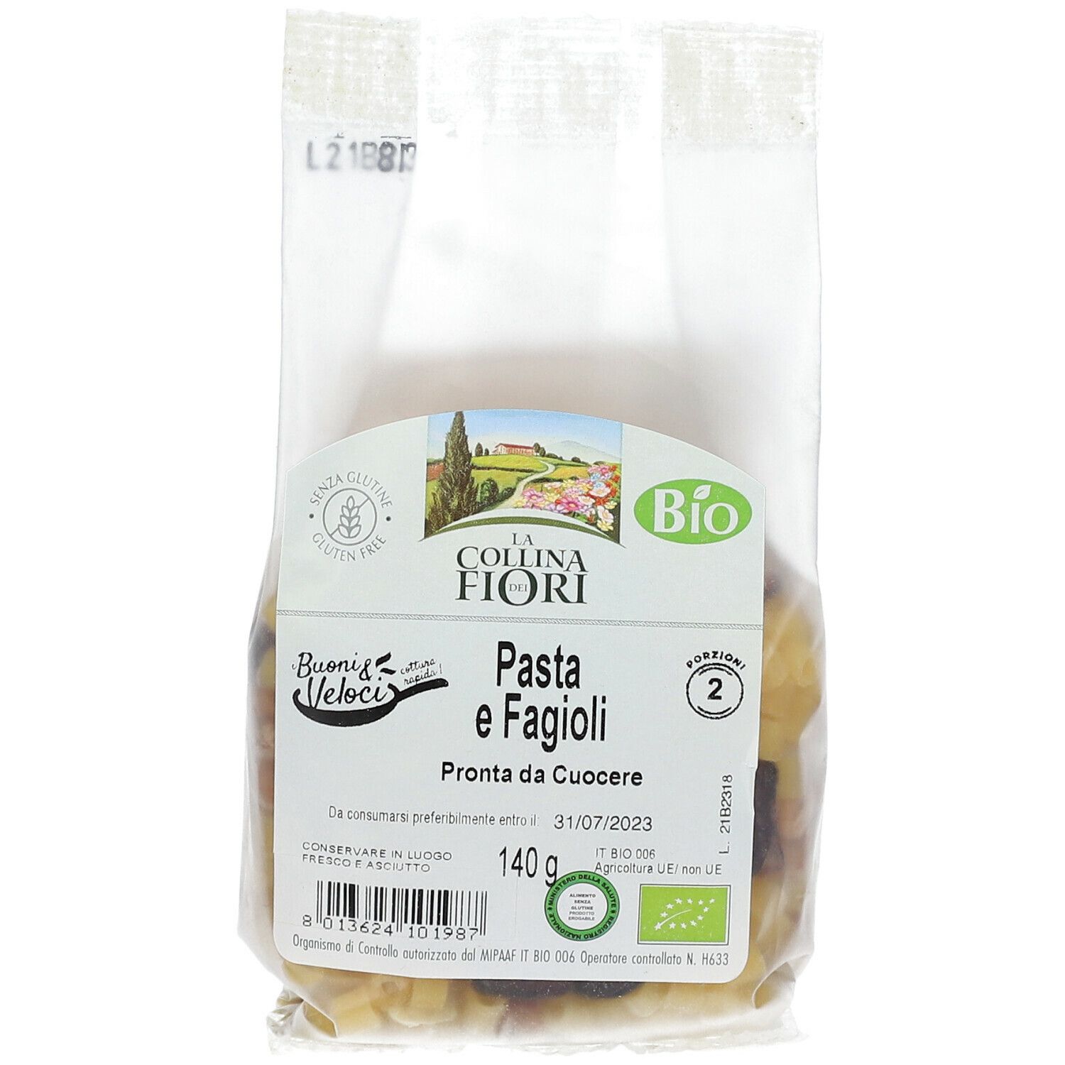 Confezione Pasta e Fagioli. Logo La Collina dei Fiori, marchio Bio. 140g. "Pronta da Cuocere". Senza glutine.