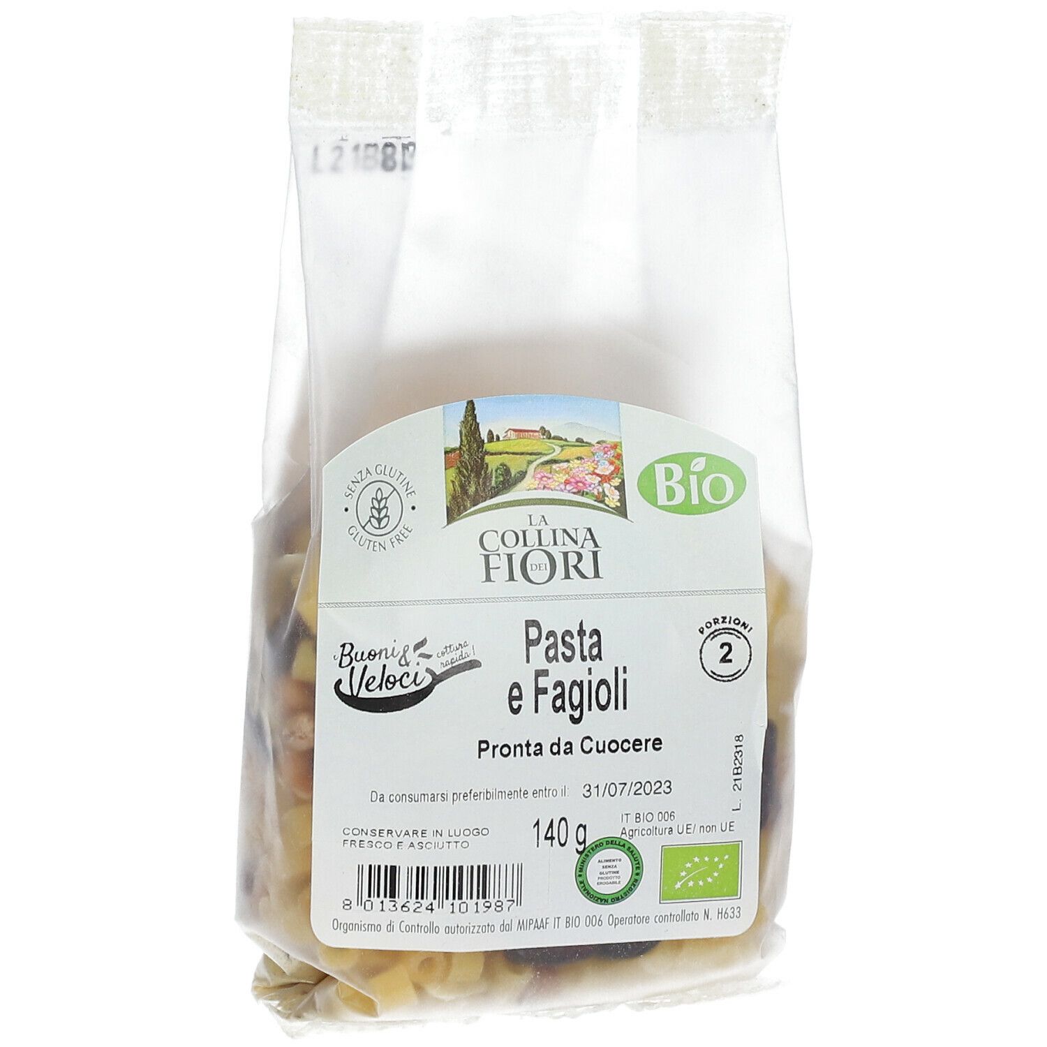 Confezione Pasta e Fagioli. Logo La Collina dei Fiori, marchio Bio. 140g. "Pronta da Cuocere". Senza glutine.