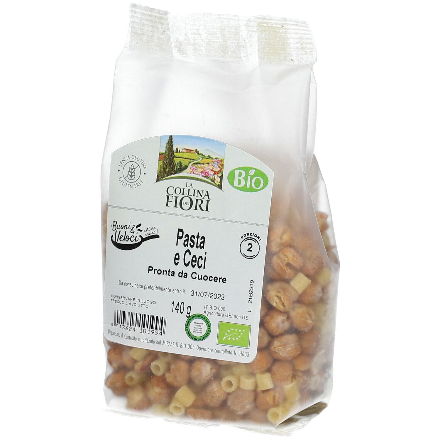 Confezione Pasta e Ceci senza glutine, con marchio Bio. Contiene pasta e ceci. 140g.