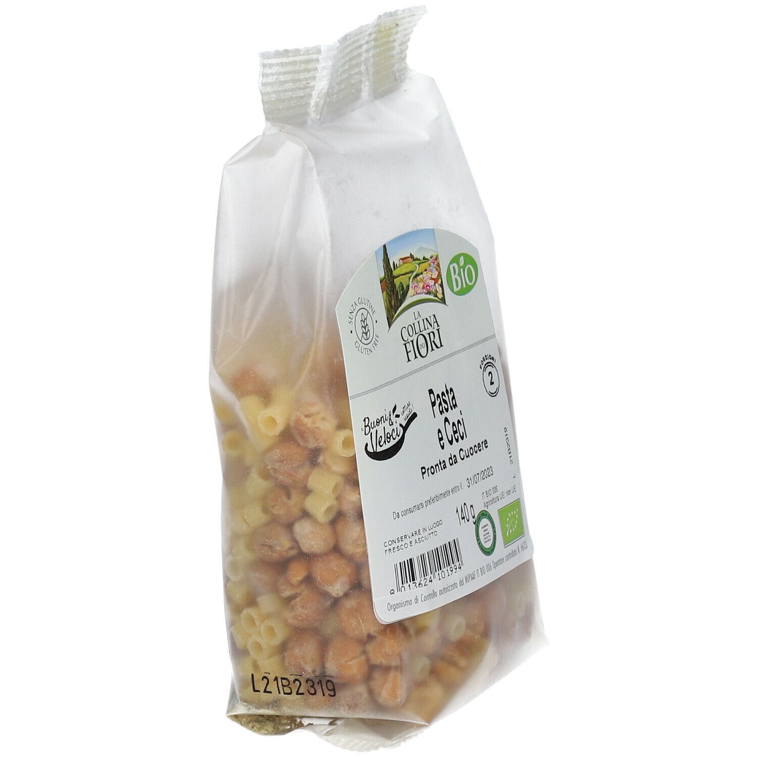 Confezione Pasta e Ceci senza glutine, con marchio Bio. Contiene pasta e ceci. 140g.