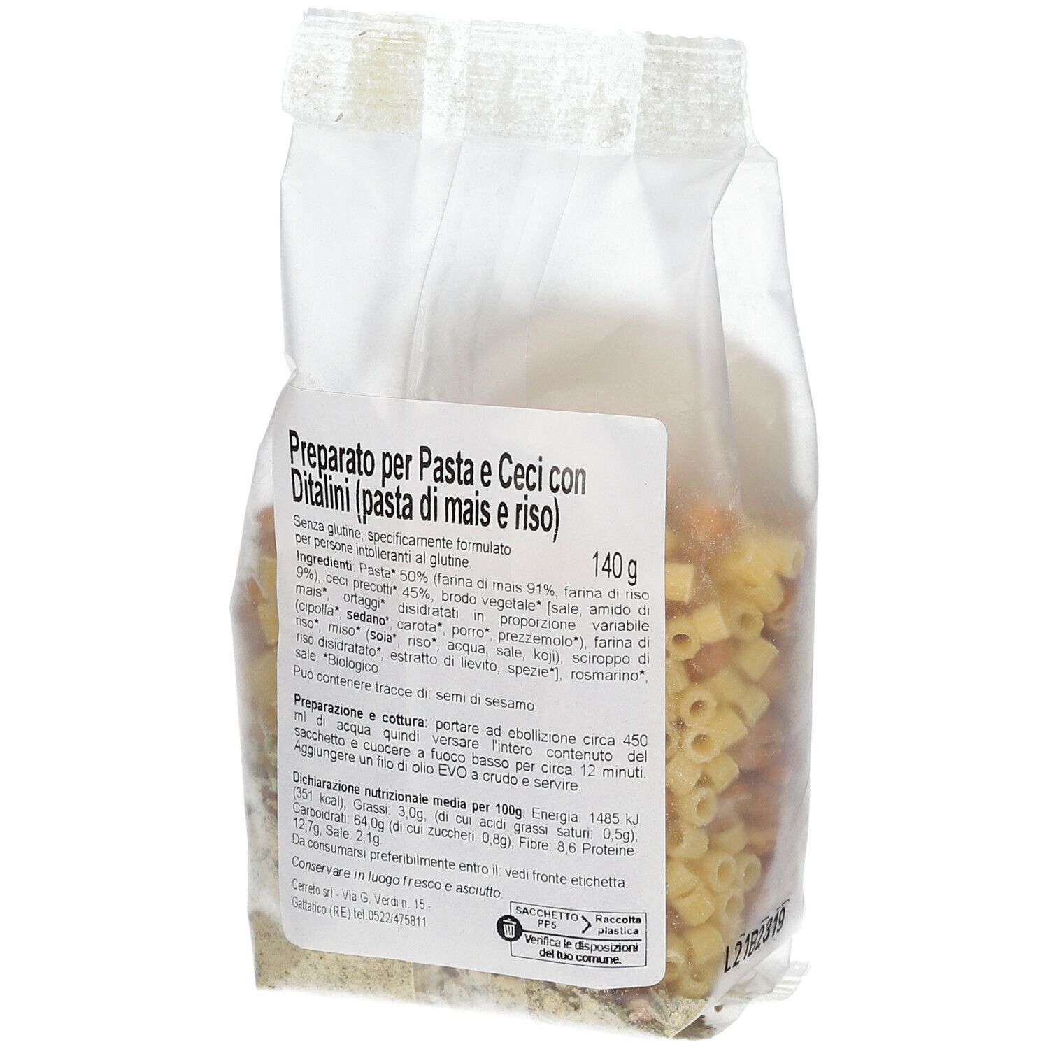 Confezione Pasta e Ceci senza glutine, con marchio Bio. Contiene pasta e ceci. 140g.