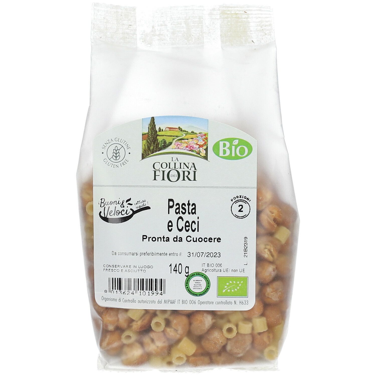 Confezione Pasta e Ceci senza glutine, con marchio Bio. Contiene pasta e ceci. 140g.