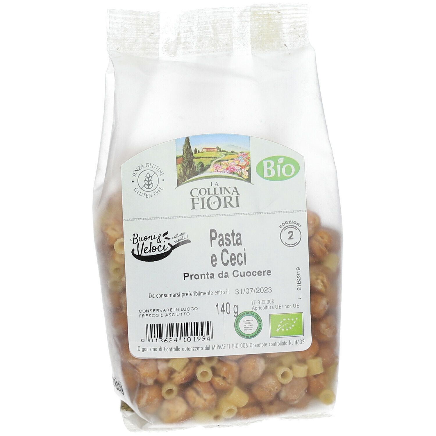 Confezione Pasta e Ceci senza glutine, con marchio Bio. Contiene pasta e ceci. 140g.