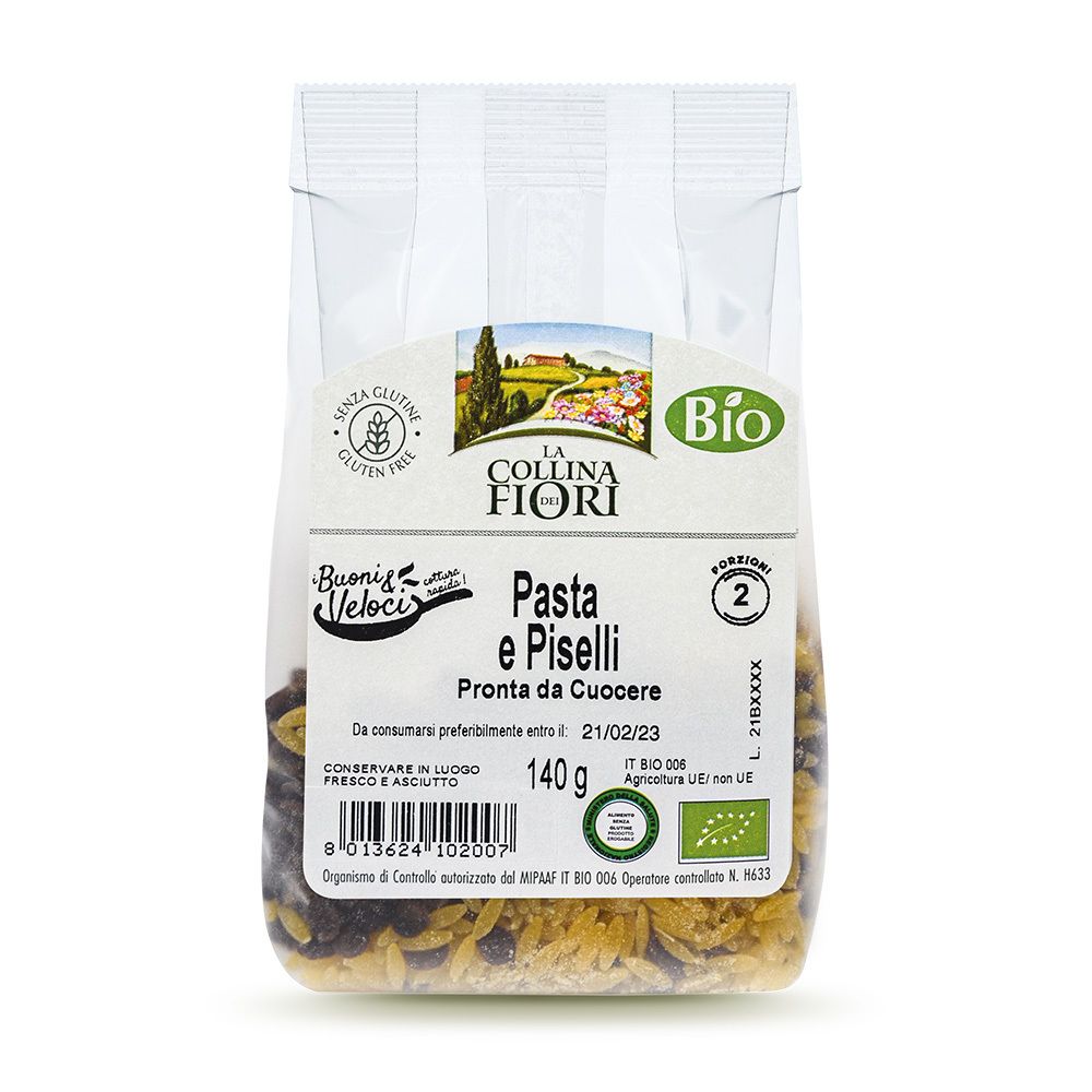 Confezione di Pasta e Piselli Senza Glutine. Scritte: La Collina dei Fiori, Bio, Senza glutine. Contenuto: 140g.