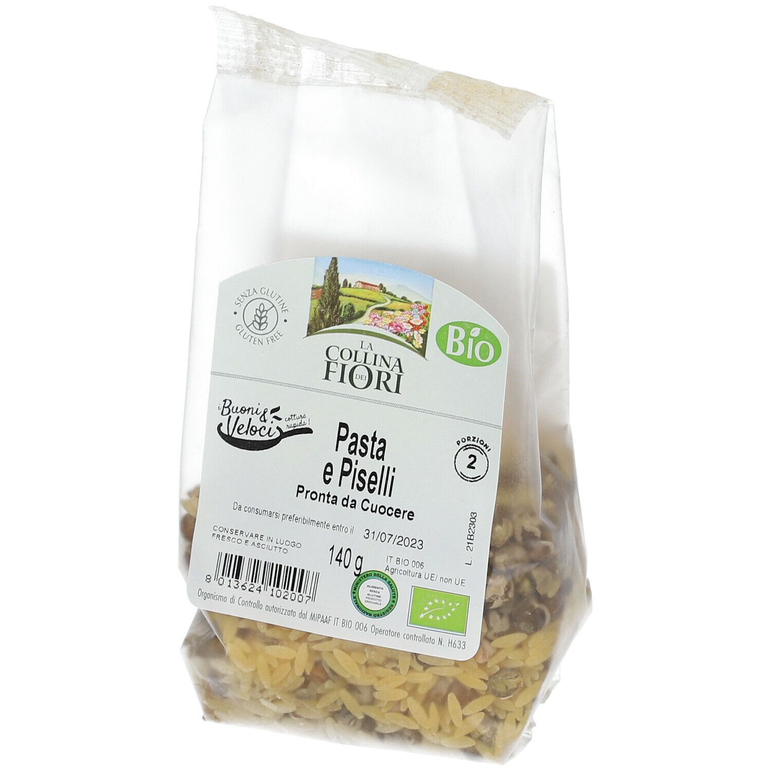 Confezione di Pasta e Piselli Senza Glutine. Scritte: La Collina dei Fiori, Bio, Senza glutine. Contenuto: 140g. Scadenza.