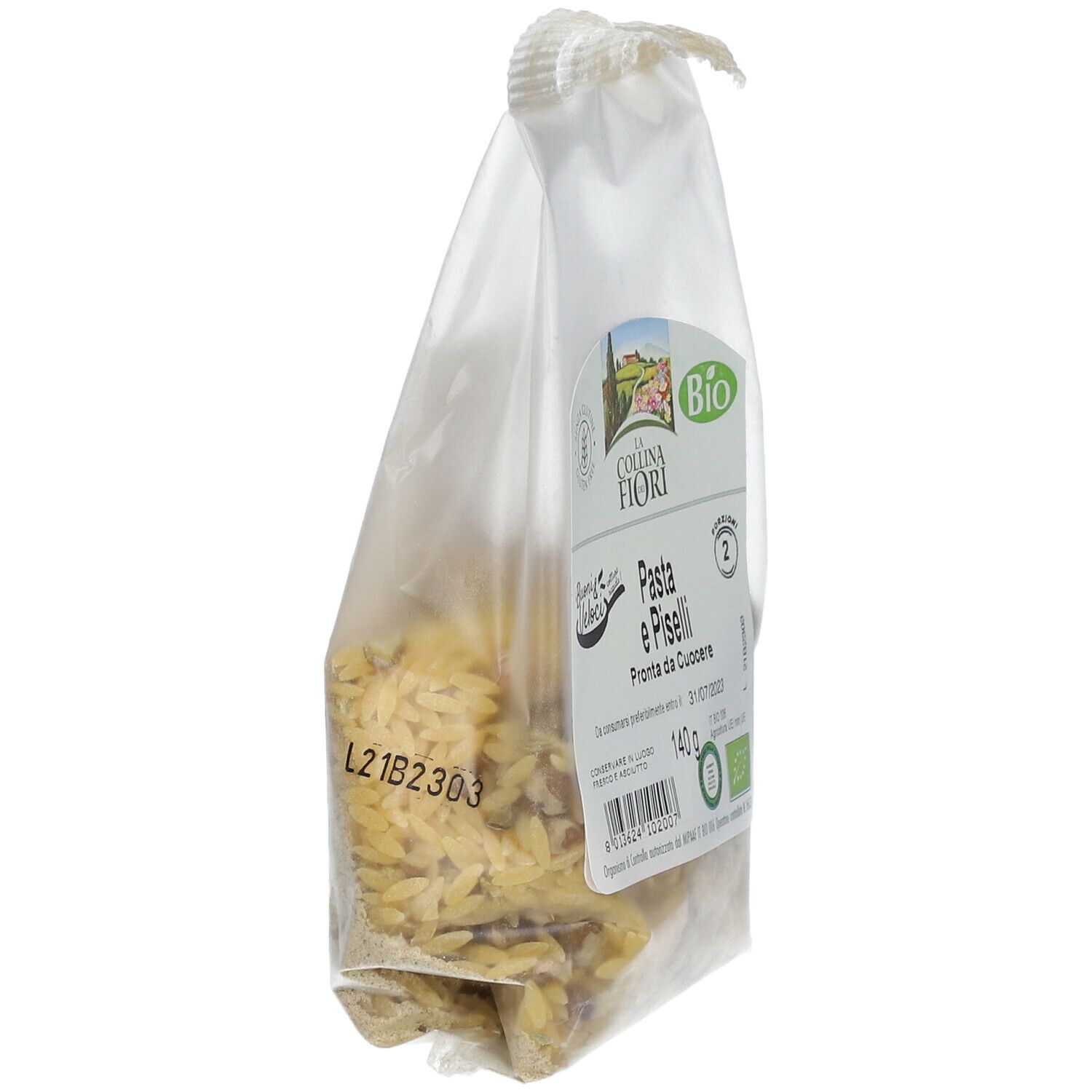 Confezione di Pasta e Piselli Senza Glutine. Vista laterale. Scritte: La Collina dei Fiori, Bio, Senza glutine. Contenuto: 140g.