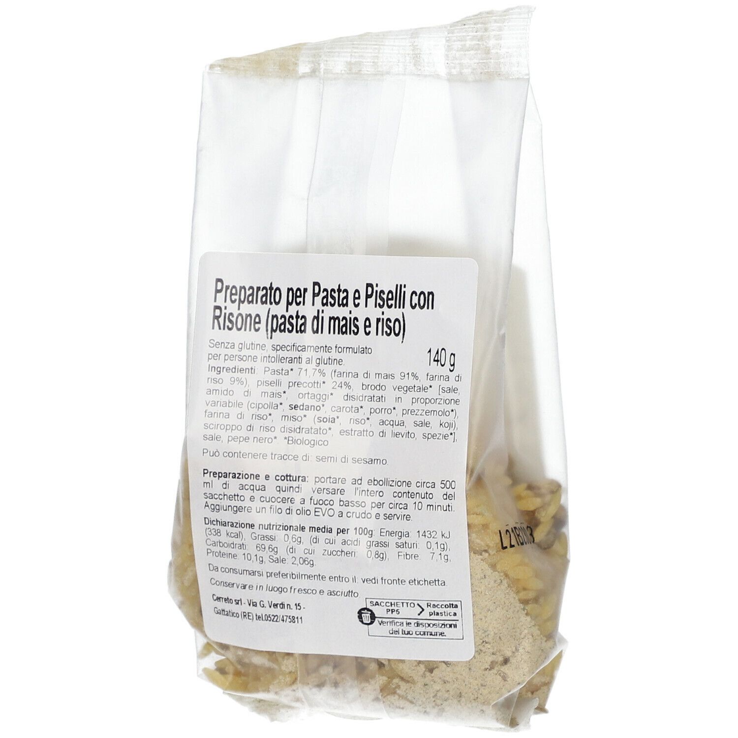Retro della confezione di Pasta e Piselli Senza Glutine. Elenco ingredienti e valori nutrizionali. Contenuto: 140g.