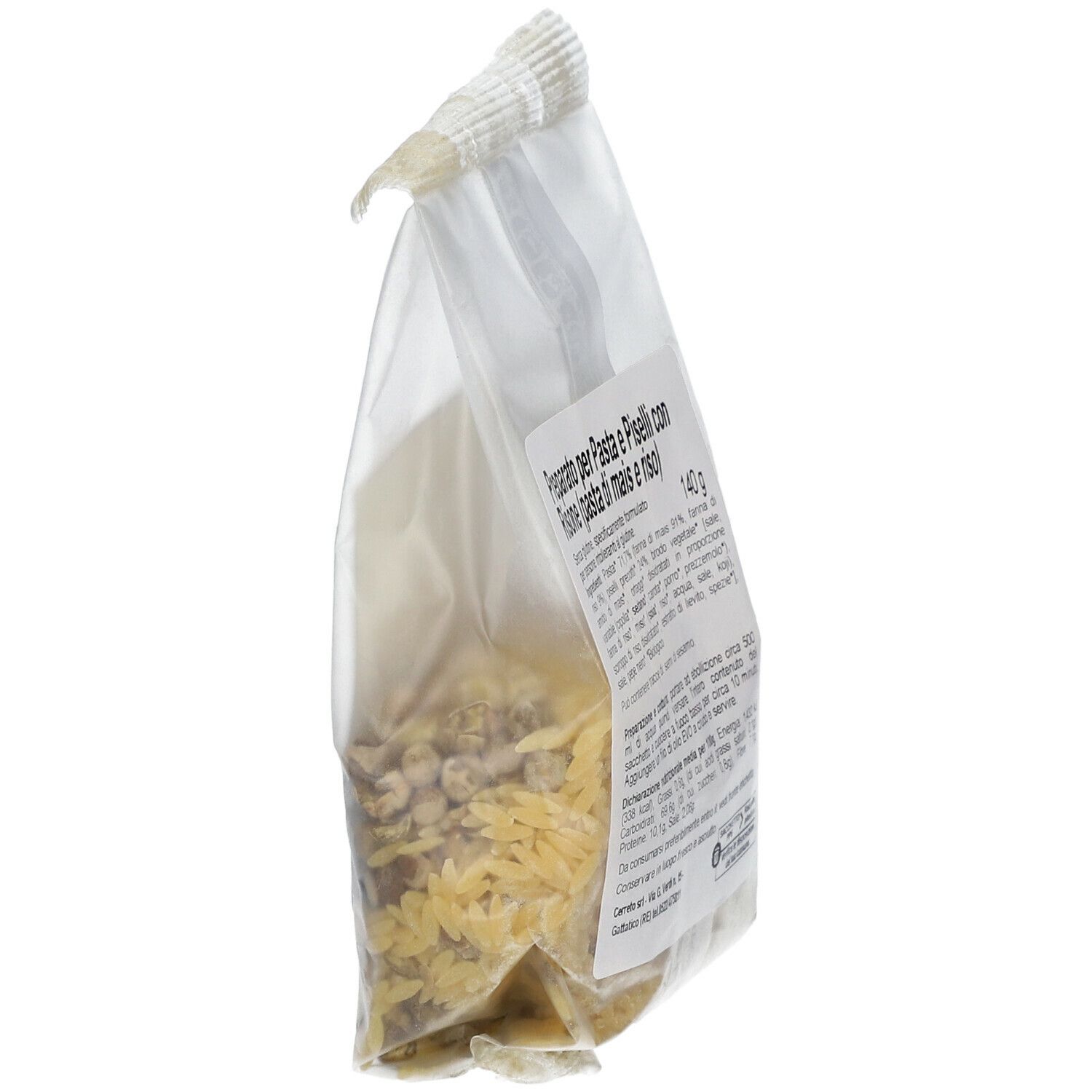 Vista laterale della confezione di Pasta e Piselli Senza Glutine. Ingredienti e valori nutrizionali. Contenuto: 140g.