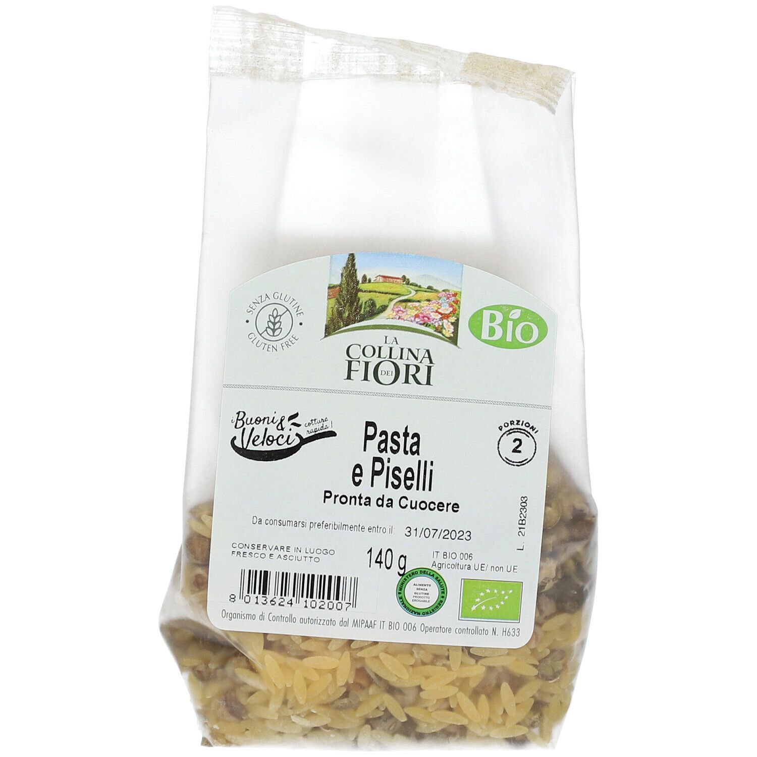 Confezione di Pasta e Piselli Senza Glutine. Scritte: La Collina dei Fiori, Bio, Senza glutine. Contenuto: 140g. Scadenza.