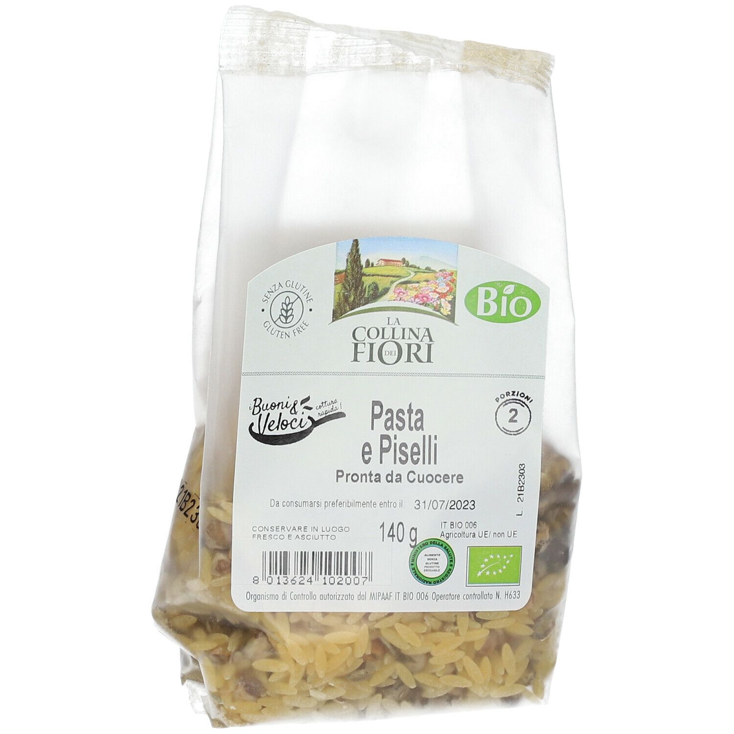 Confezione di Pasta e Piselli Senza Glutine. Scritte: La Collina dei Fiori, Bio, Senza glutine. Contenuto: 140g. Scadenza.