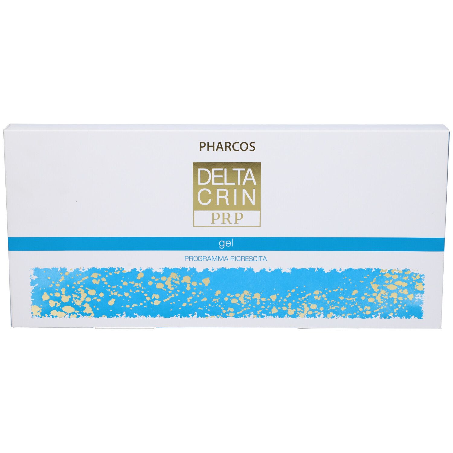 Scatola bianca con fascia blu e testo. Scritta Pharcos, Deltacrin PRP Gel. Programma di crescita dei capelli.