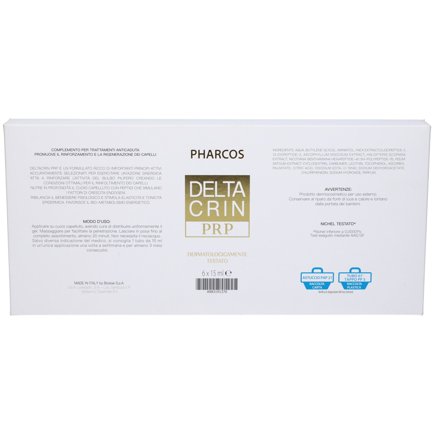 Scatola bianca con testo e loghi. Scritta Pharcos, Deltacrin PRP. Dermatologicamente testato. 6x15ml.