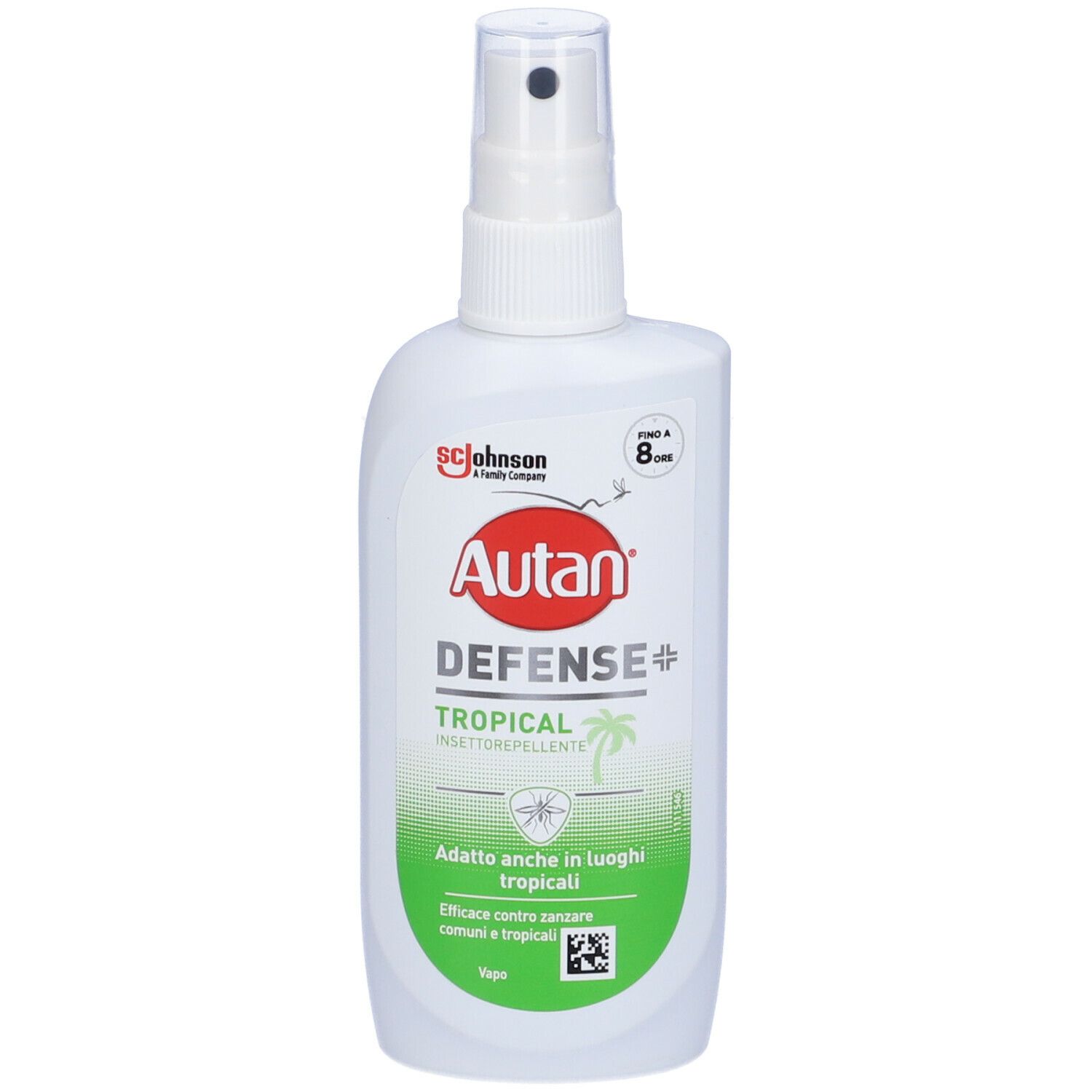 Flacone spray bianco con logo Autan rosso e testo verde. Scritta: Defense Tropical Insettorepellente. Immagine di una palma.