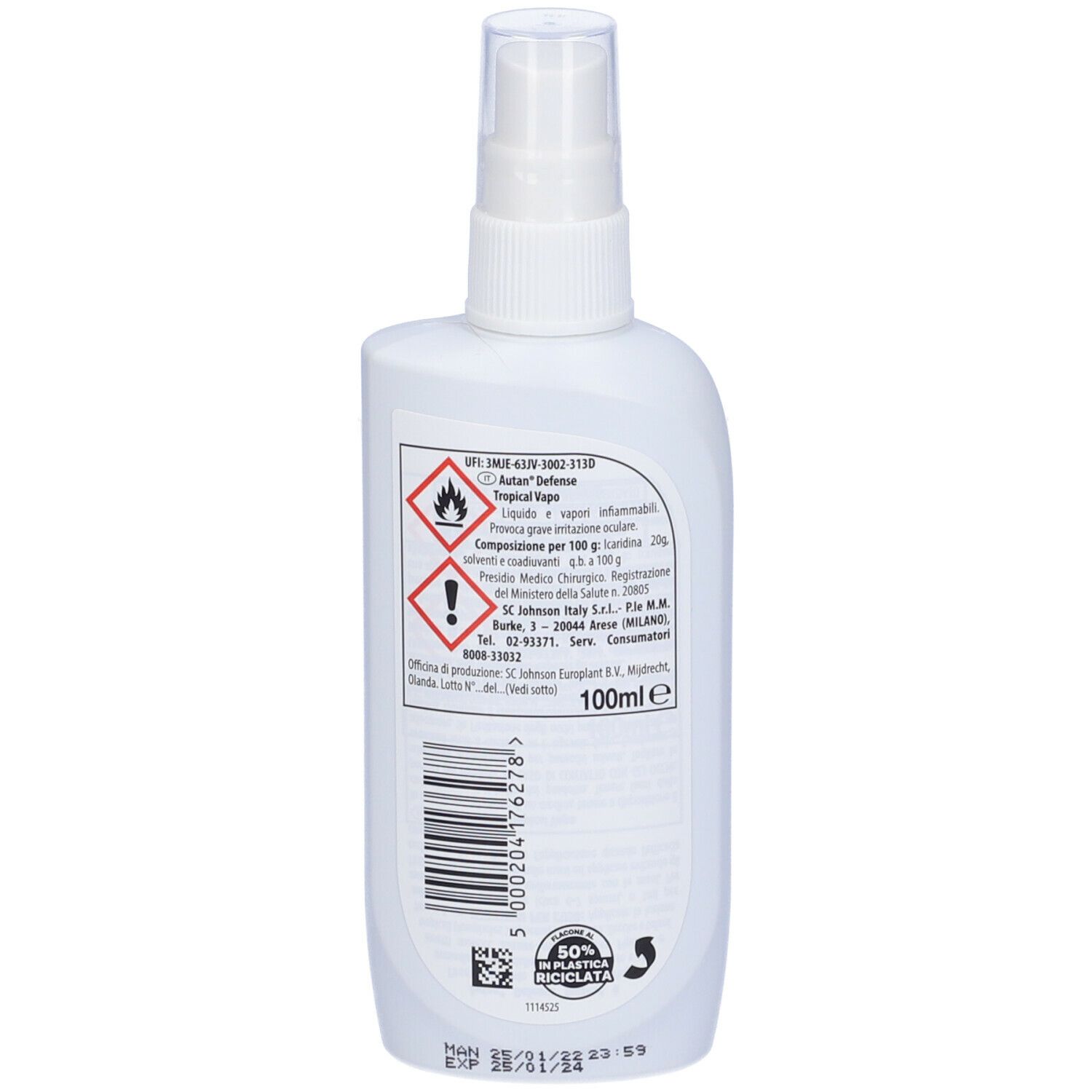 Retro del flacone spray bianco. Avvertenze e ingredienti. Scritta: 100ml. Logo di riciclo.