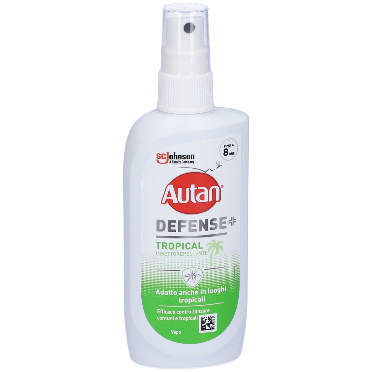Flacone spray bianco con logo Autan rosso e testo verde. Scritta: Defense Tropical Insettorepellente. Immagine di una palma.