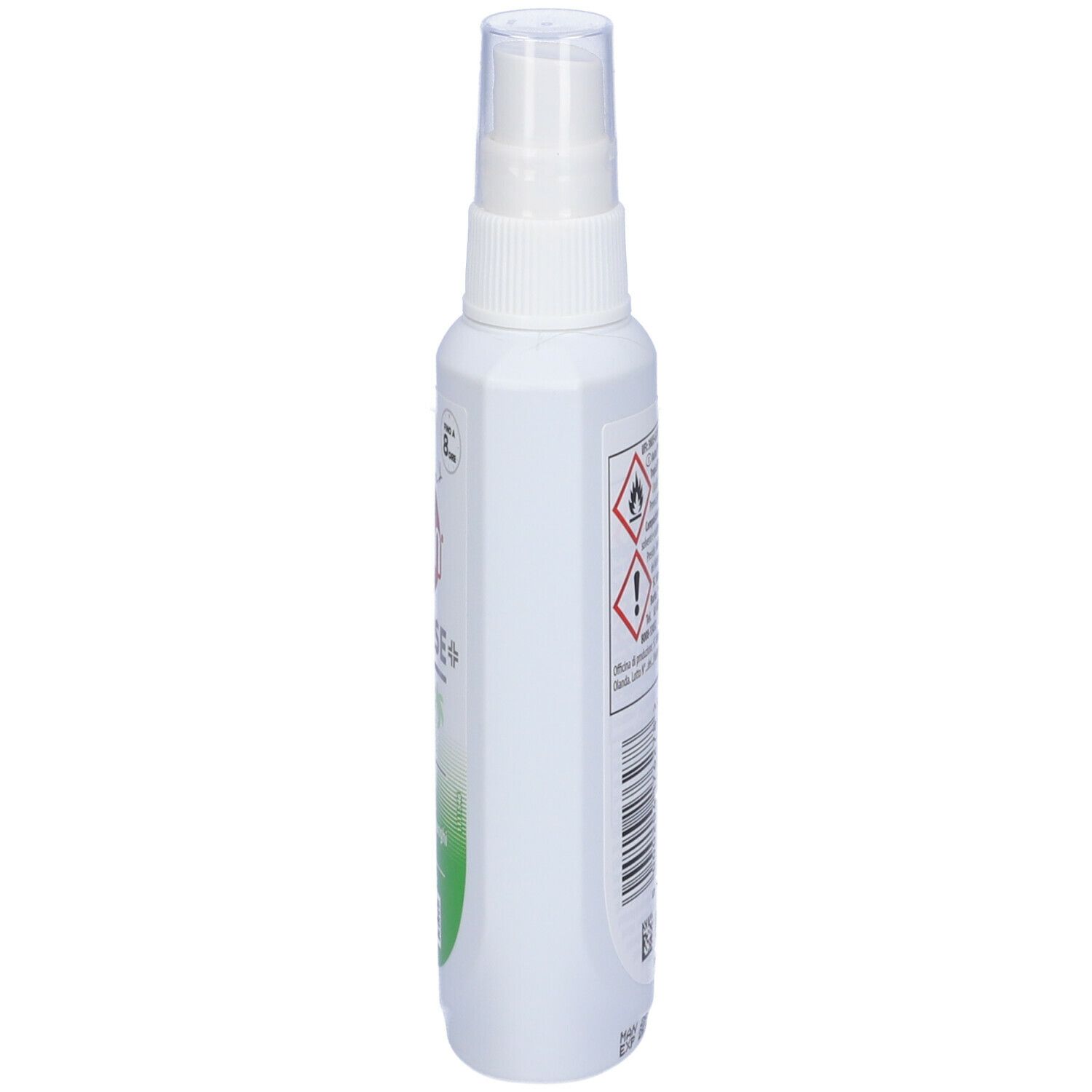 Flacone spray bianco, vista laterale con simboli di avvertimento e testo verde. Scritta: Defense Tropical.