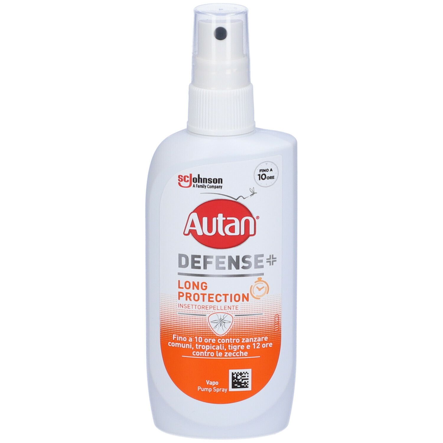 Flacone spray bianco con etichetta rossa. Scritta: Autan Defense+. Spray. Contro zanzare, zanzare tropicali e zecche.