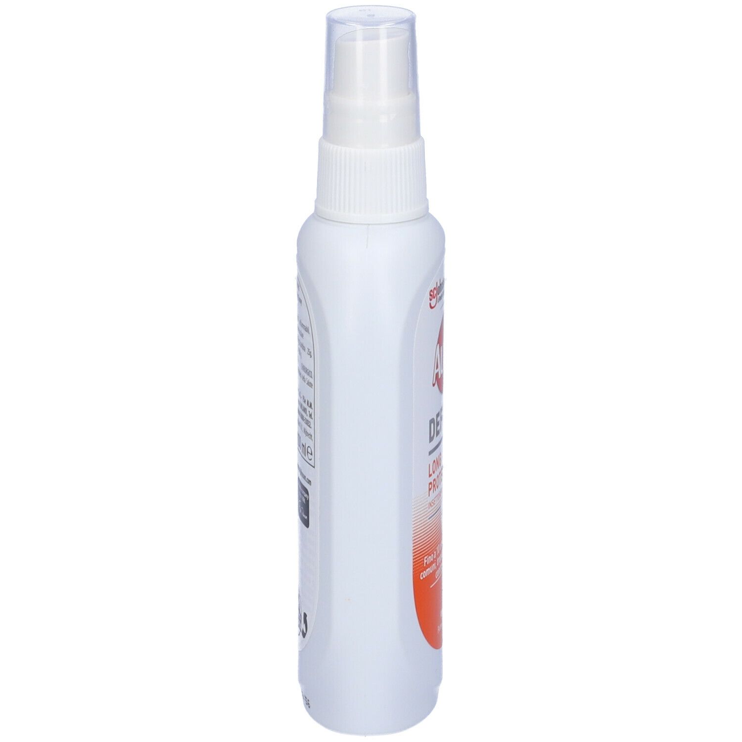 Flacone spray bianco, vista laterale. Scritta illeggibile. Testina spray trasparente. Striscia arancione.