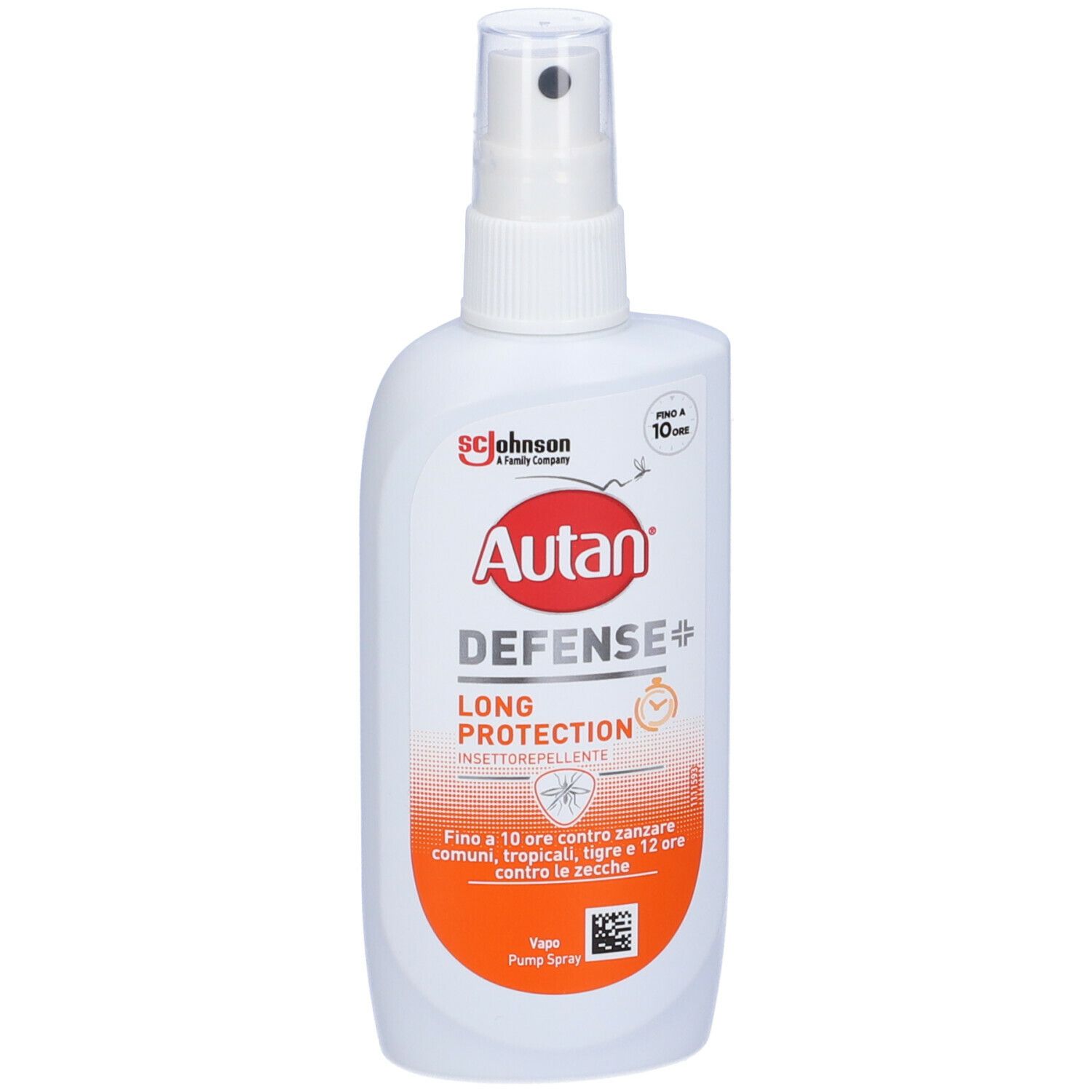 Flacone spray bianco con etichetta rossa. Scritta: Autan Defense+. Spray. Contro zanzare, zanzare tropicali e zecche.