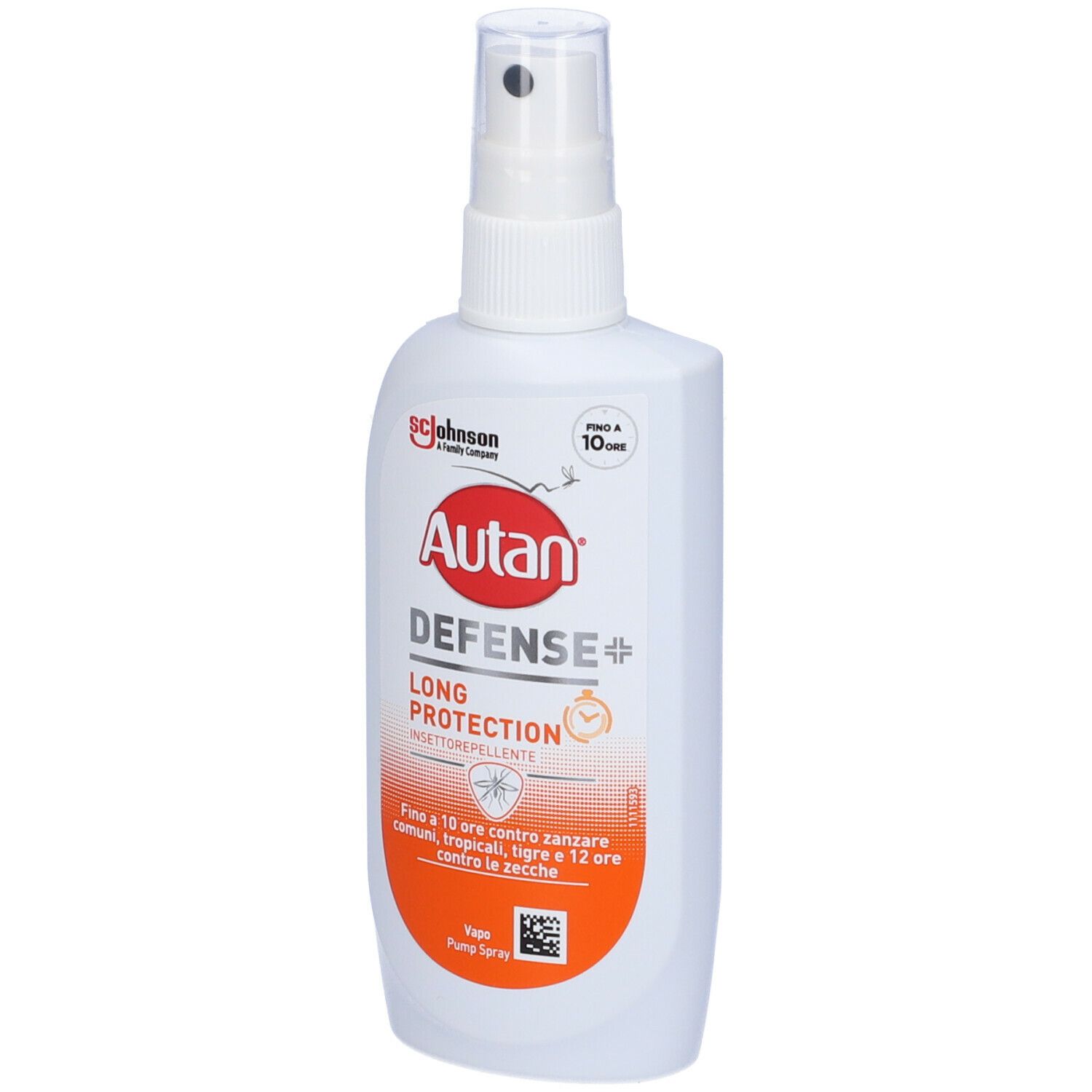 Flacone spray bianco con etichetta rossa. Scritta: Autan Defense+. Spray. Contro zanzare, zanzare tropicali e zecche.